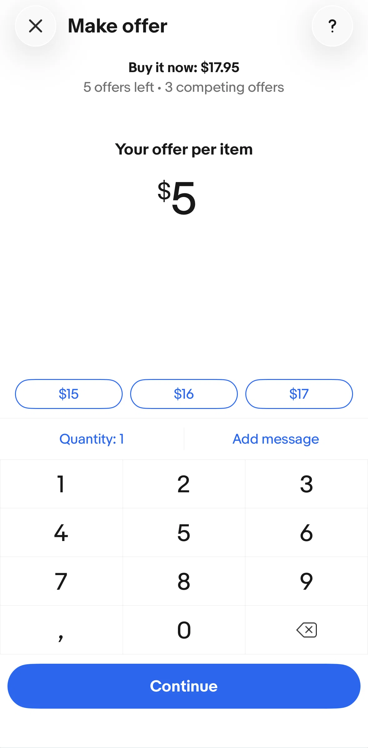Ebay Screen screen in the Adding a message flow