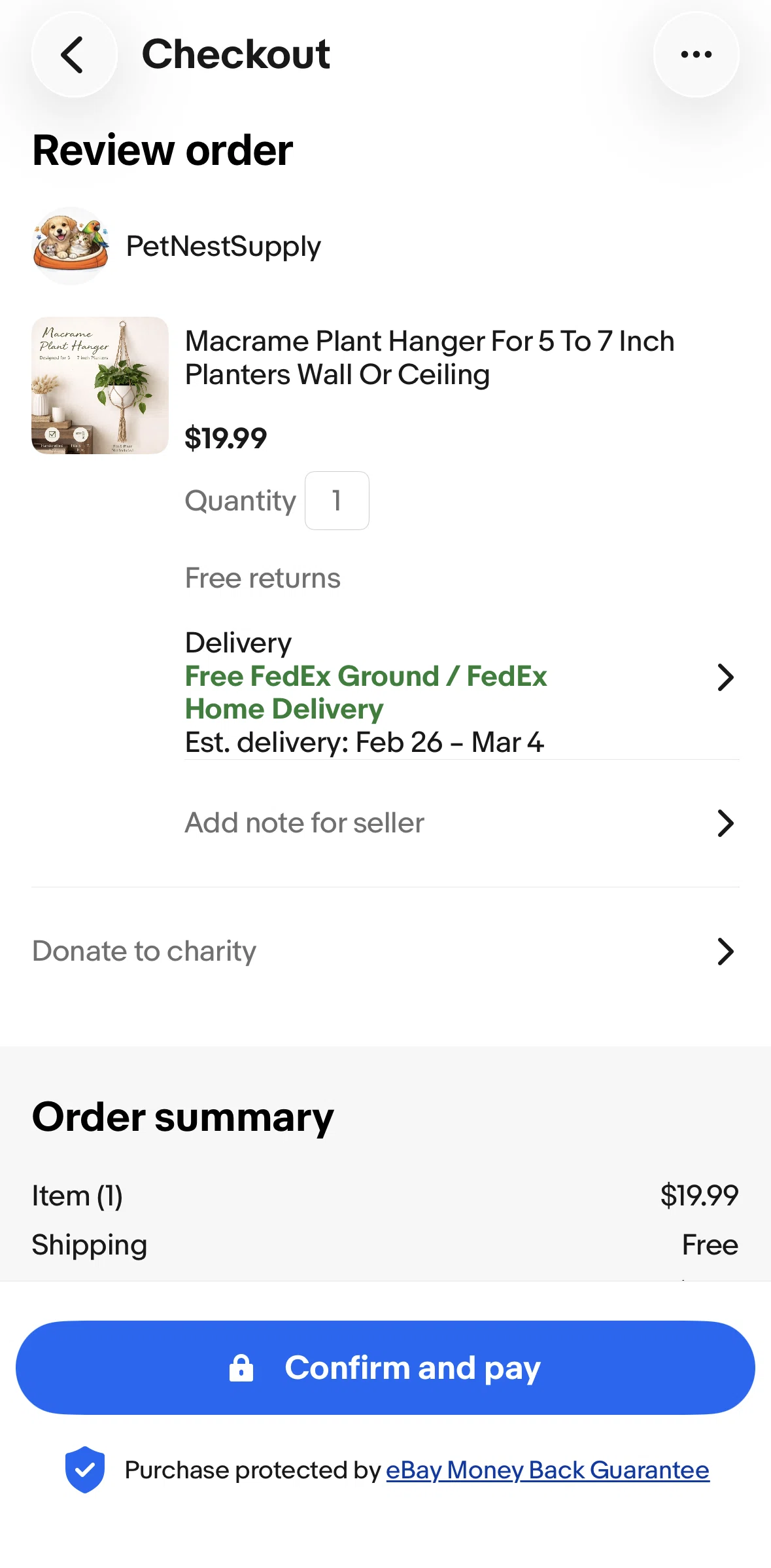 Ebay Screen screen in the Adding a note for seller flow