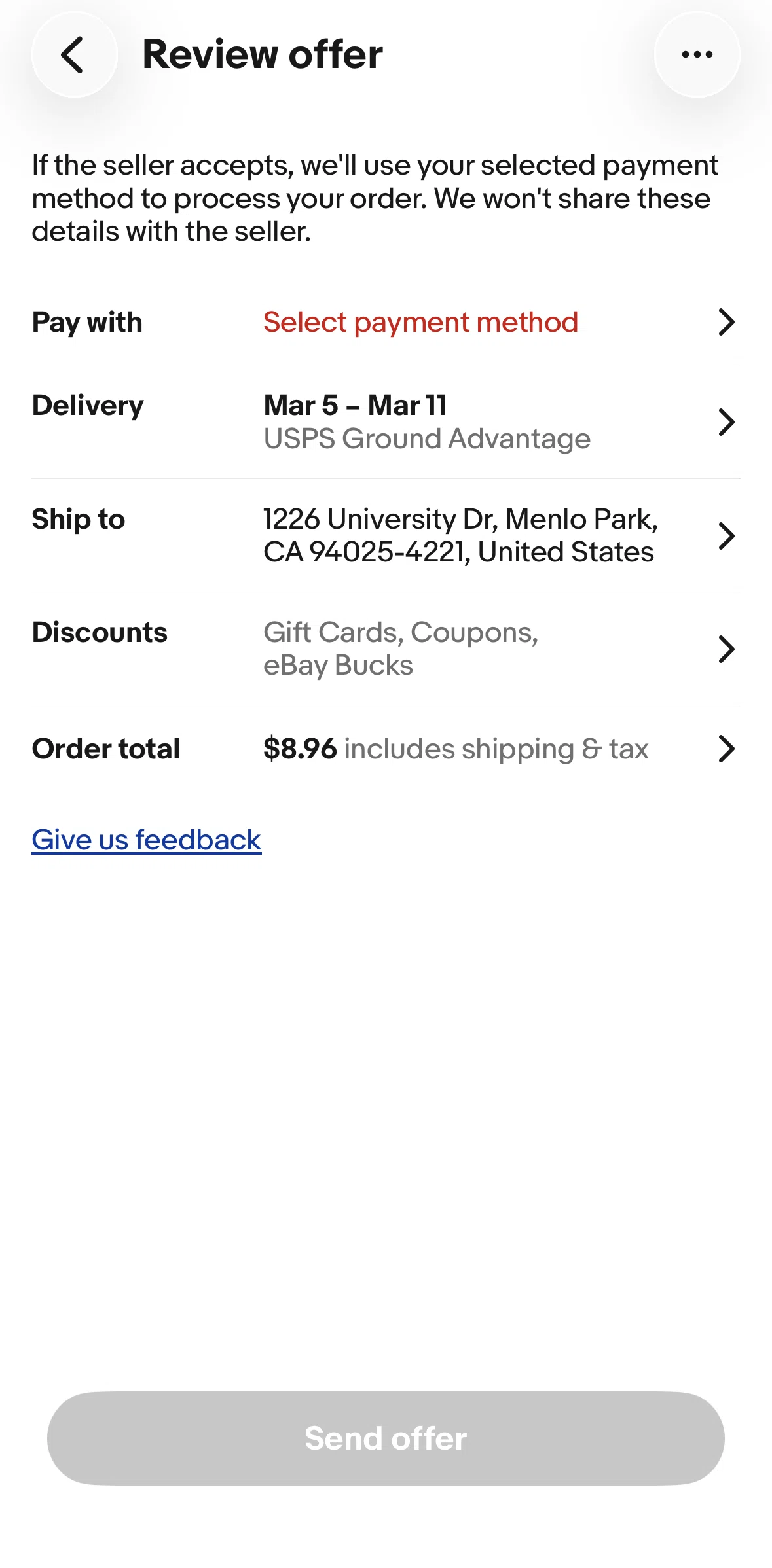 Ebay Screen screen in the Adding a payment method (offer) flow
