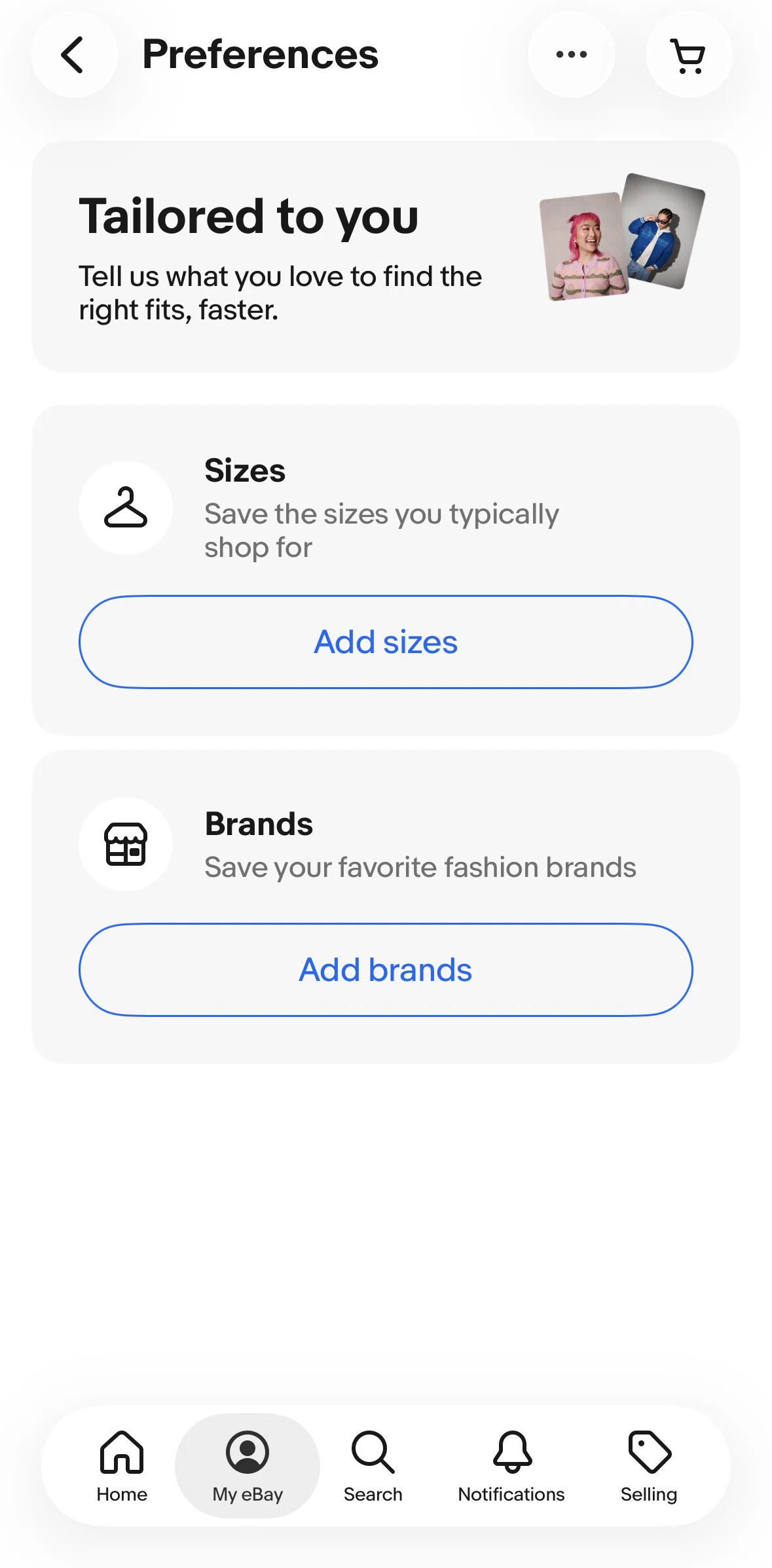 Ebay Screen screen in the Adding a size preference flow