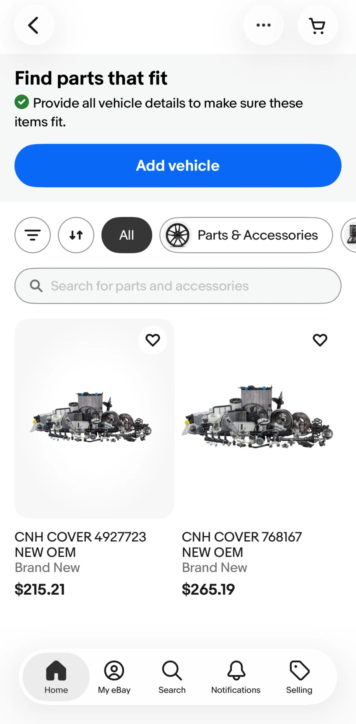 Ebay Screen screen in the Adding a vehicle flow
