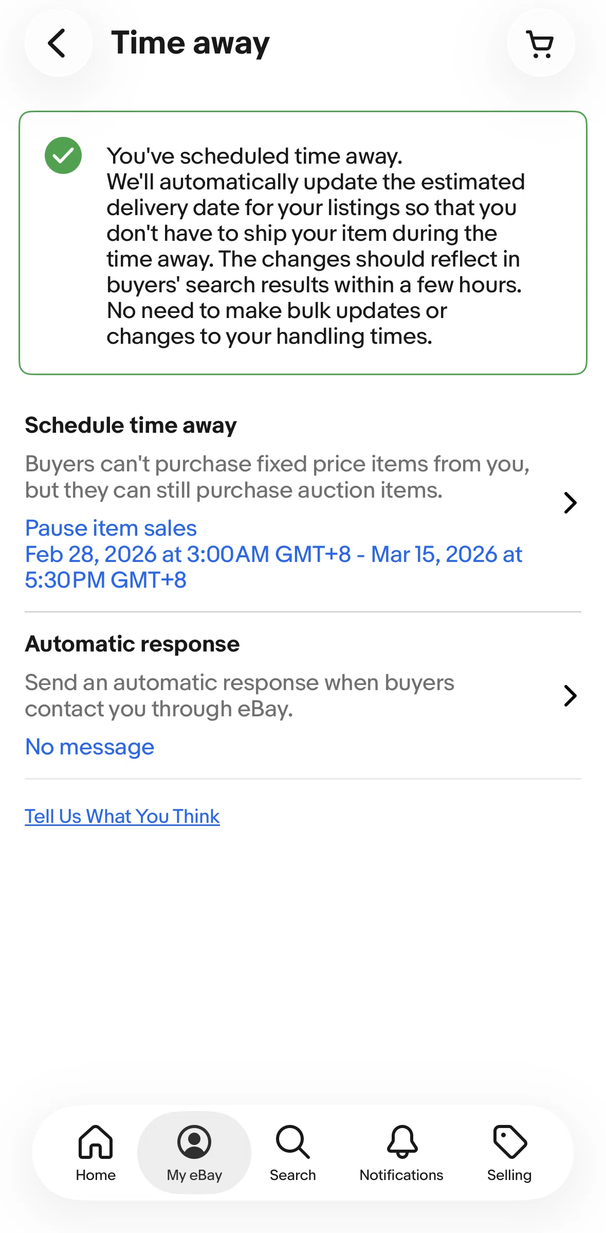 Ebay Screen screen in the Adding an automatic response flow