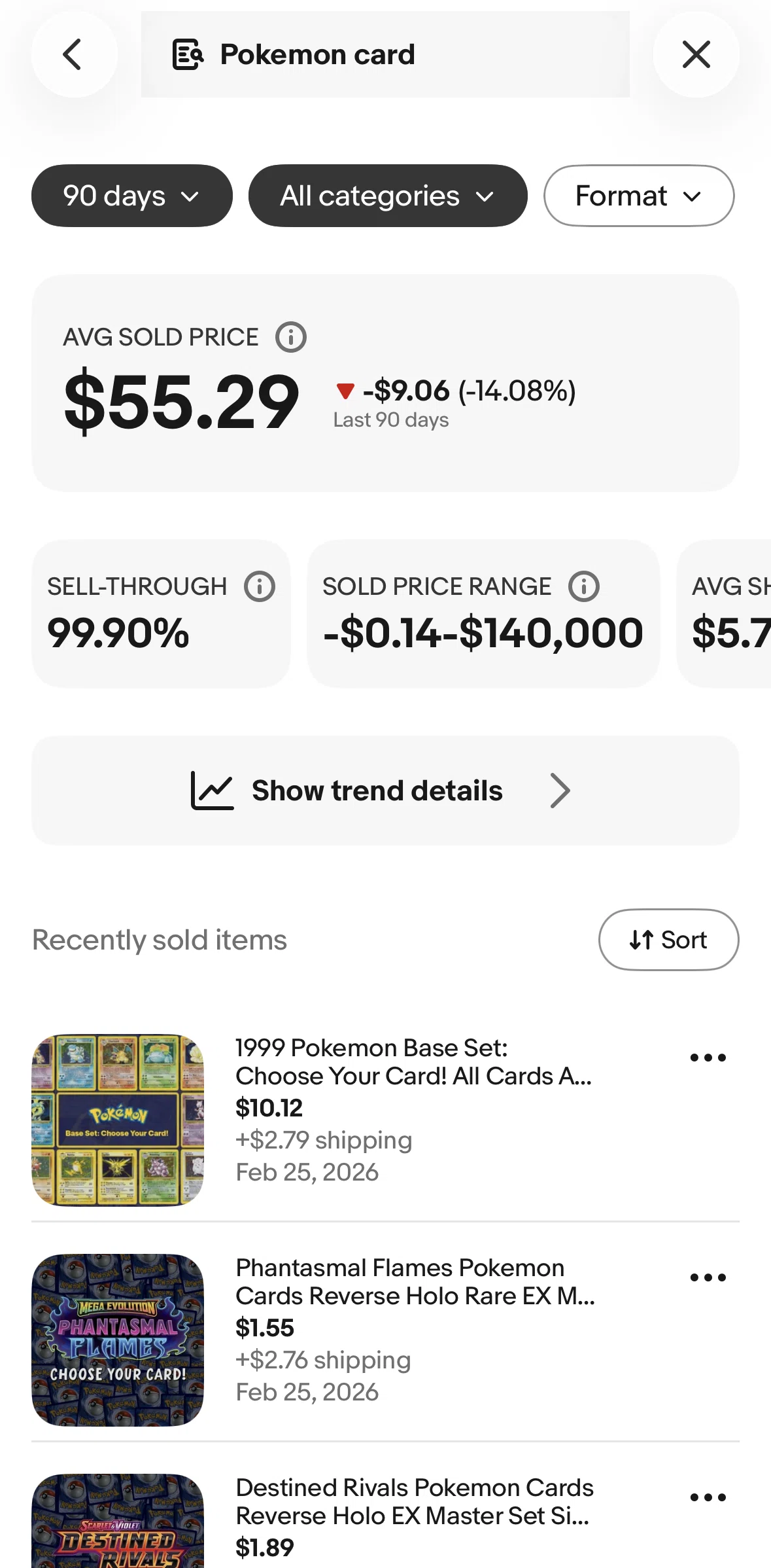 Ebay Screen screen in the Average sold price flow