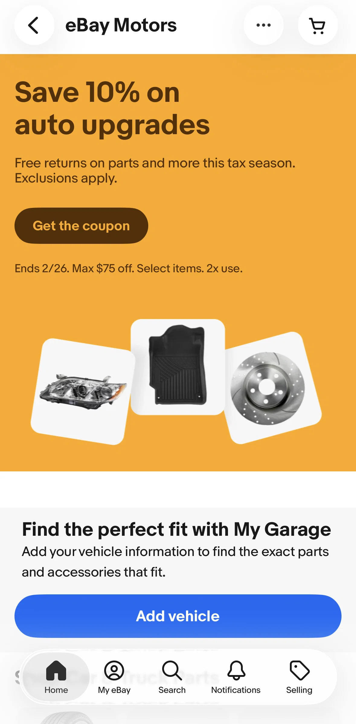 Ebay Screen screen in the Browse eBay Motors with coupon flow