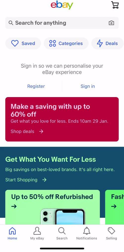 Ebay Home screen in the Buying Something flow