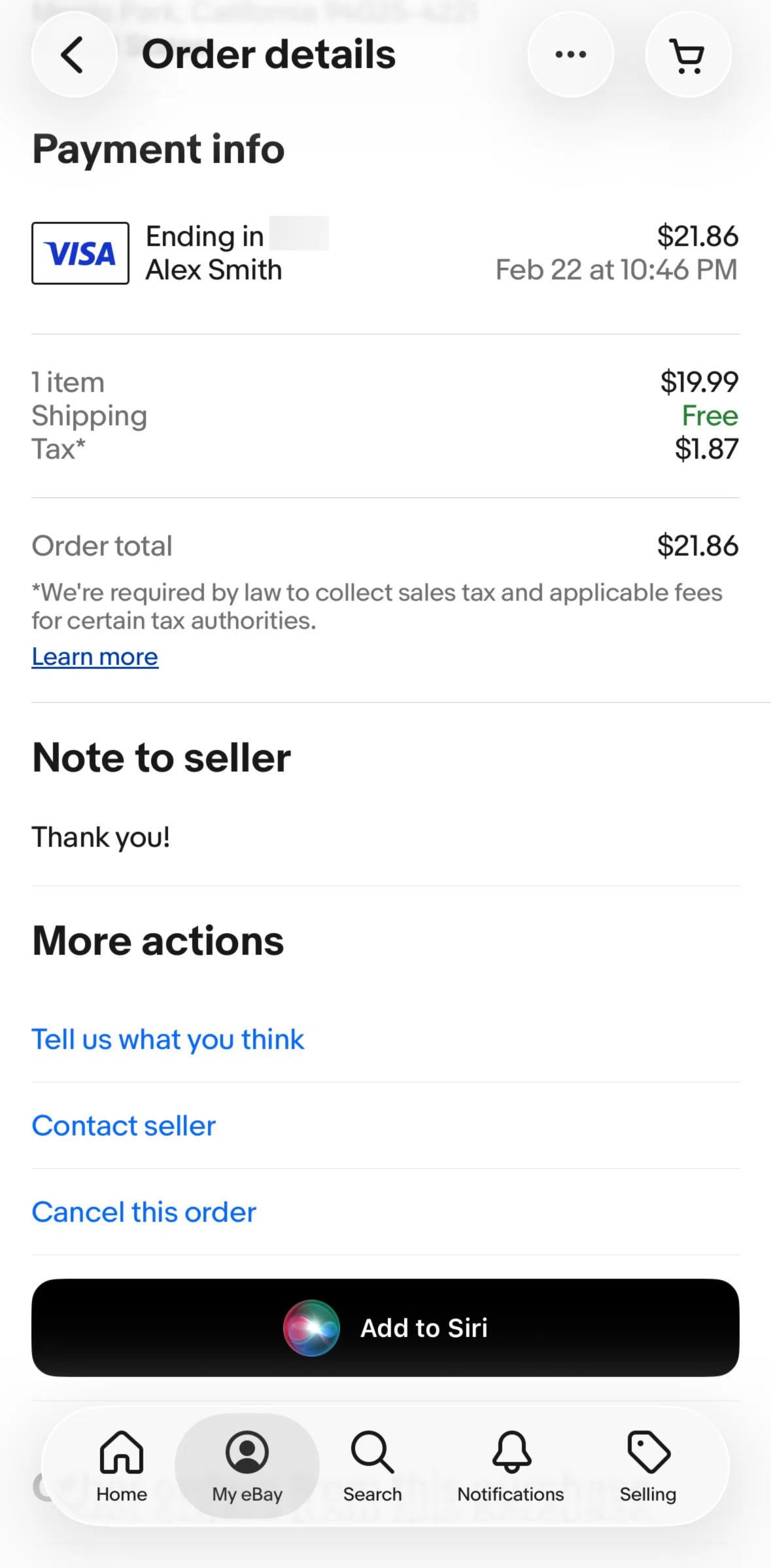 Ebay Screen screen in the Canceling an order flow