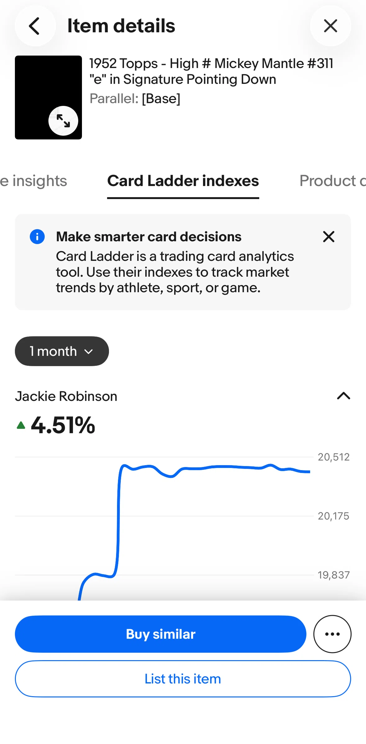 Ebay Screen screen in the Card ladder indexes flow