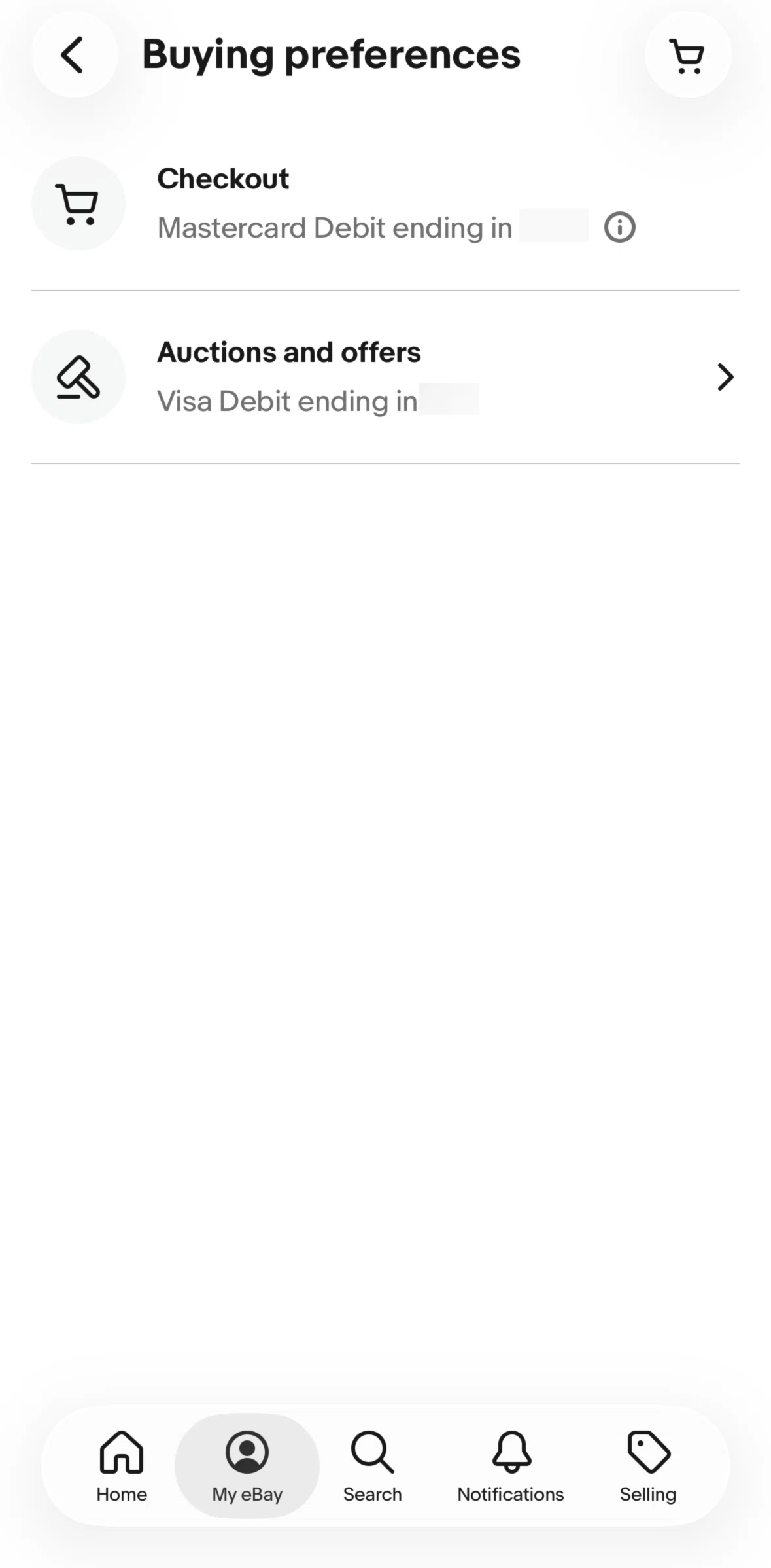 Ebay Screen screen in the Changing a payment preference flow