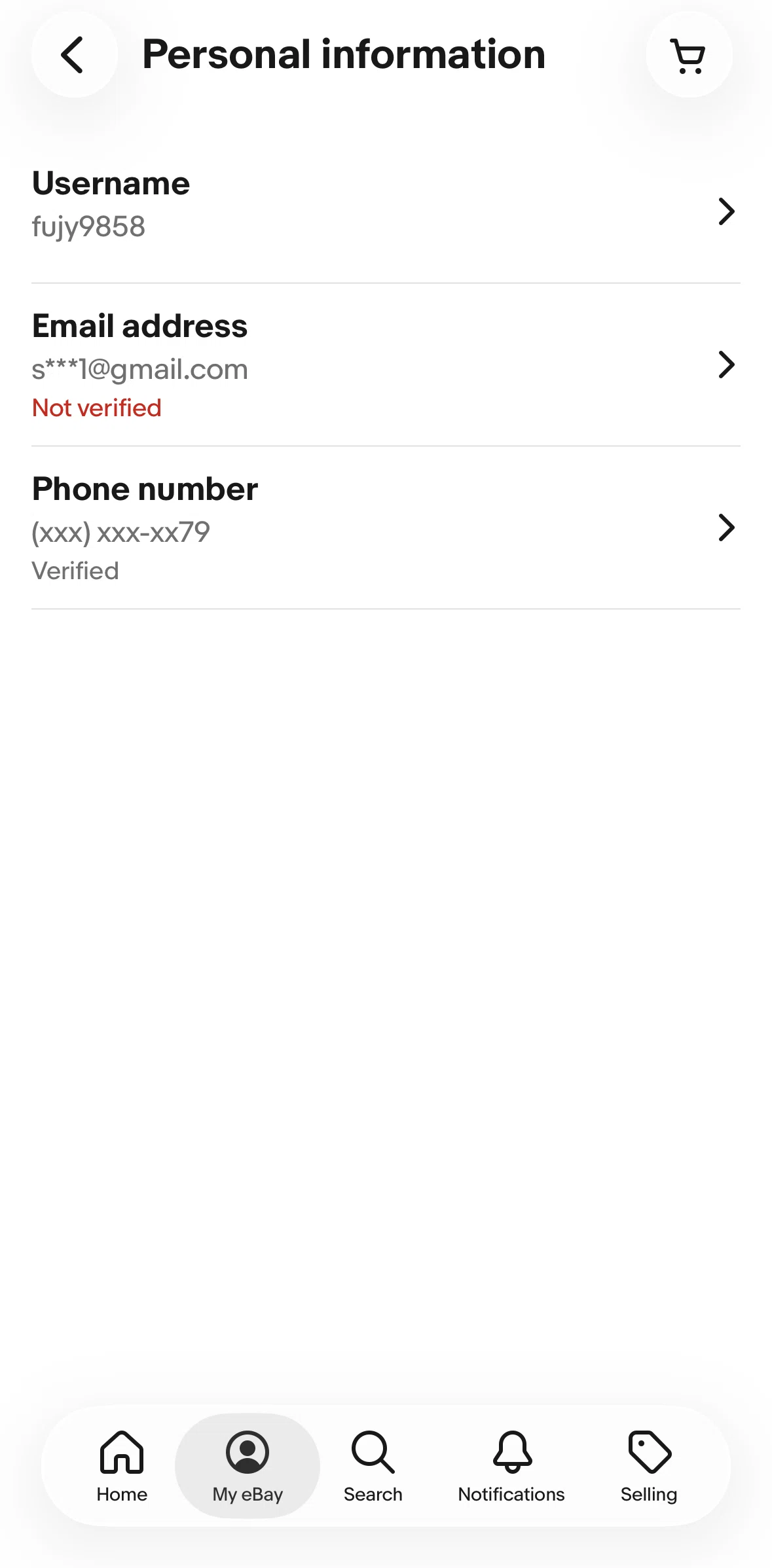 Ebay Screen screen in the Changing a username flow