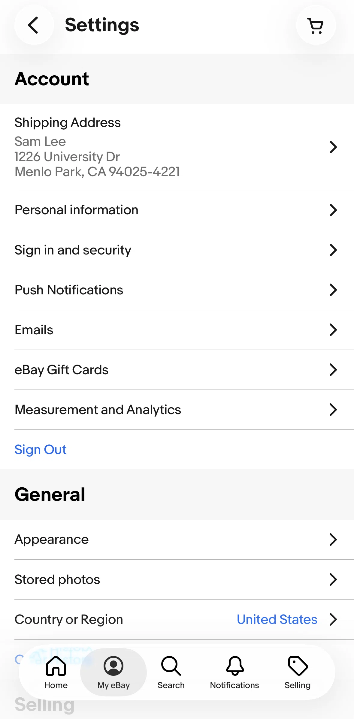 Ebay Screen screen in the Changing push notification settings flow