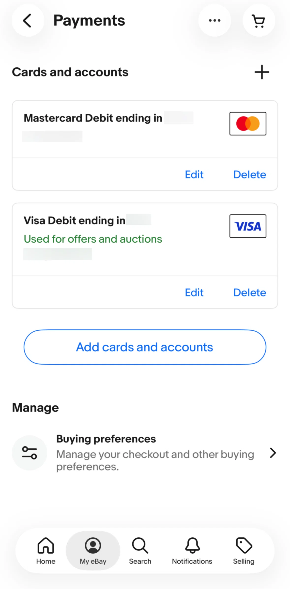 Ebay Screen screen in the Deleting a card flow