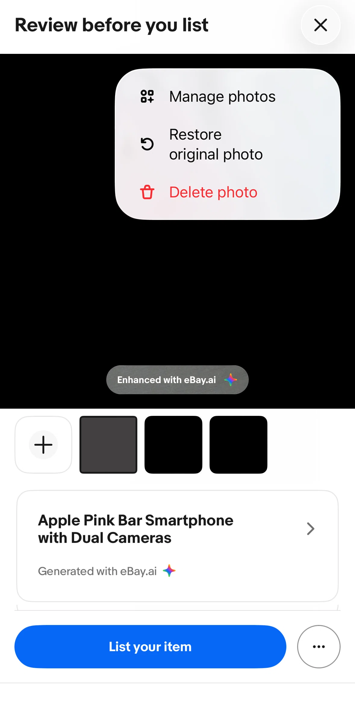 Ebay Screen screen in the Deleting a photo flow