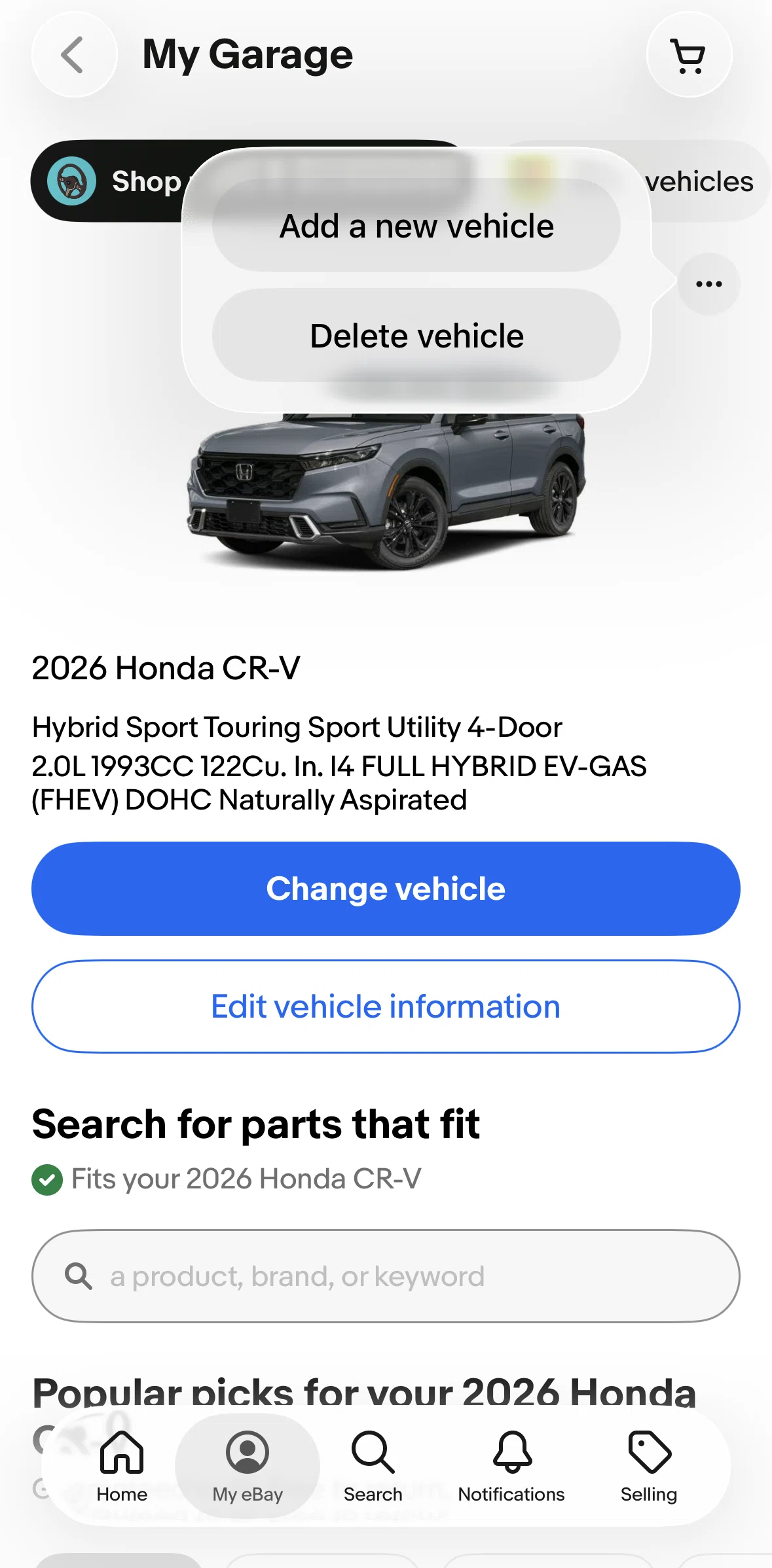 Ebay Screen screen in the Deleting a vehicle flow