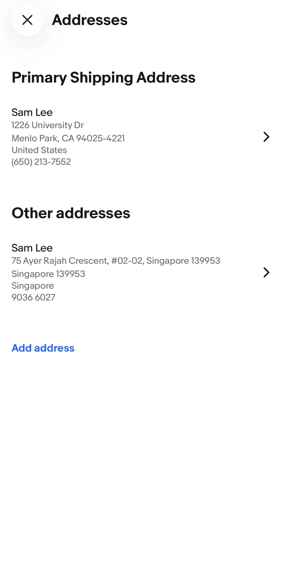 Ebay Screen screen in the Deleting an address flow