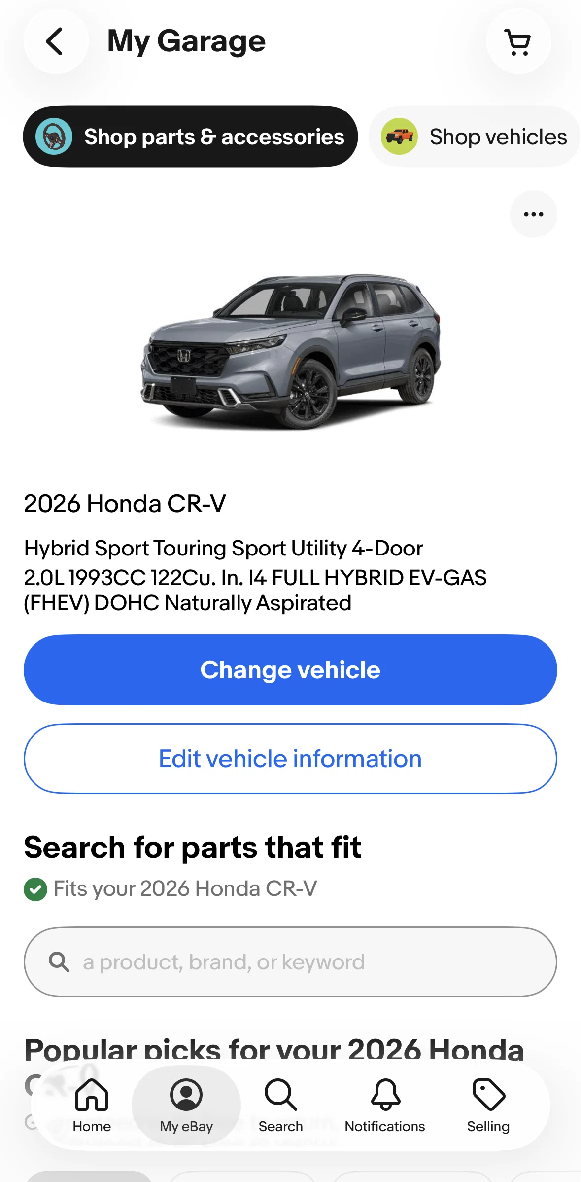 Ebay Screen screen in the Edit vehicle information flow