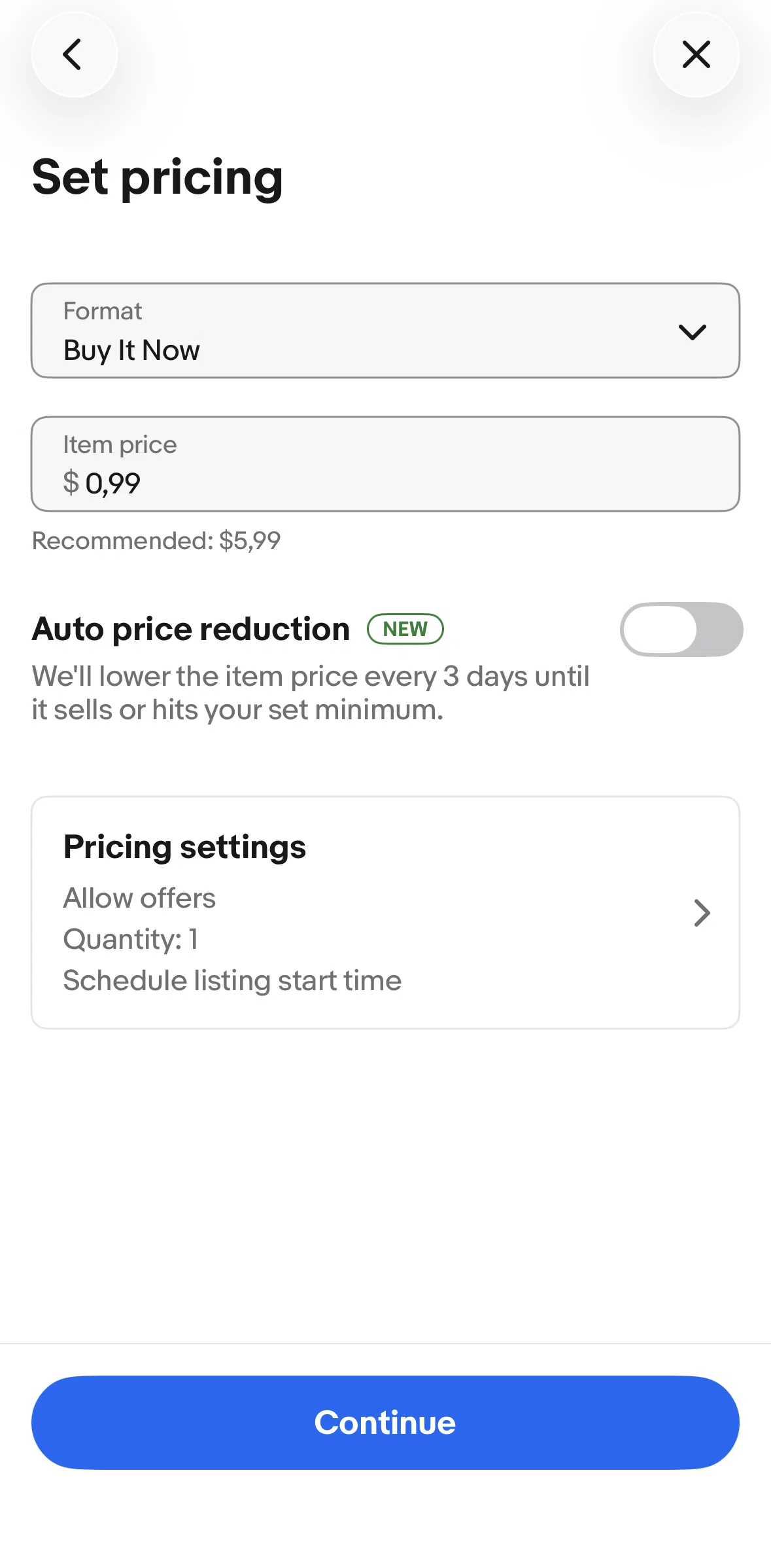 Ebay Screen screen in the Editing a product price flow