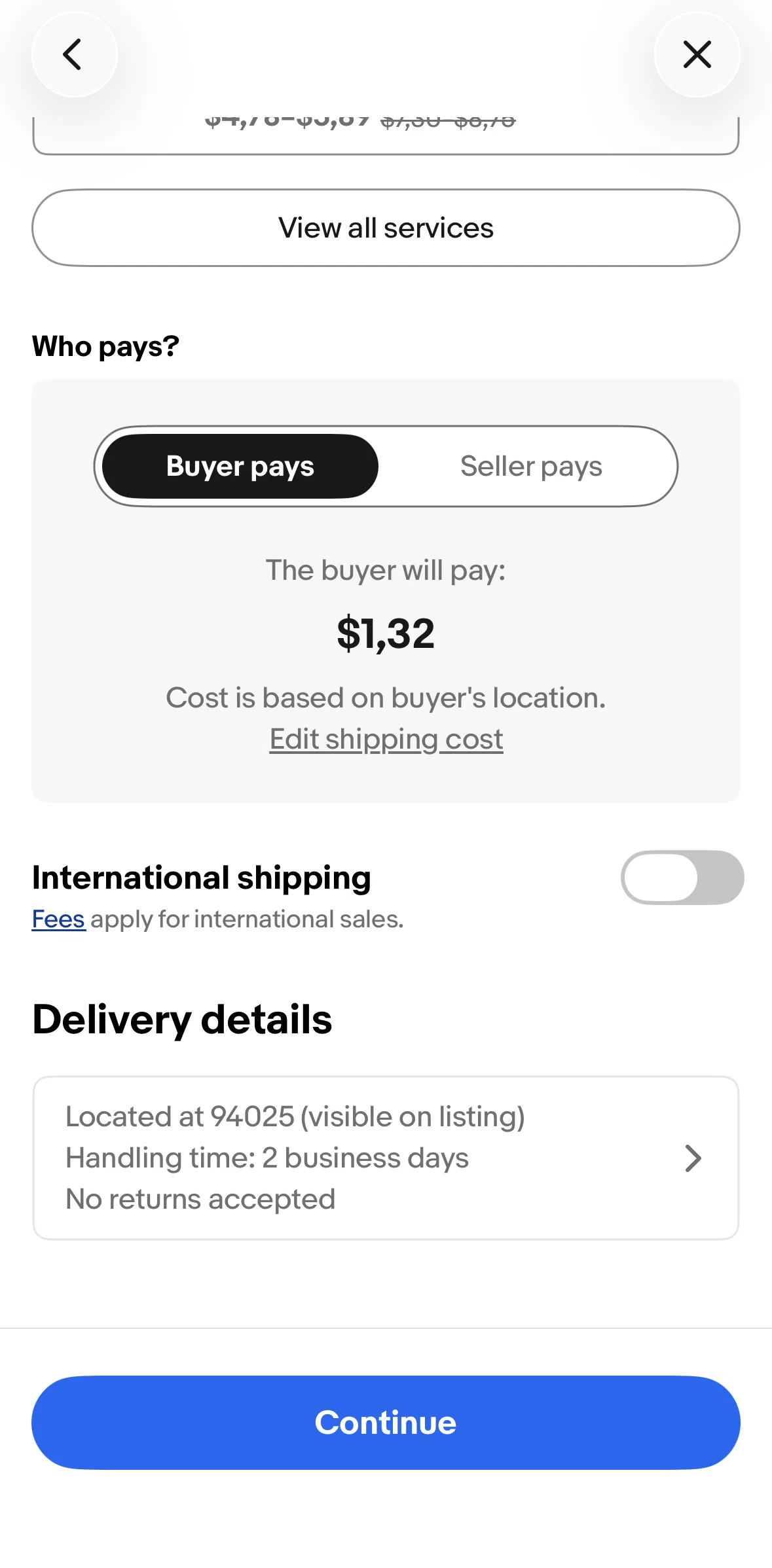 Ebay Screen screen in the Editing a shipping cost flow