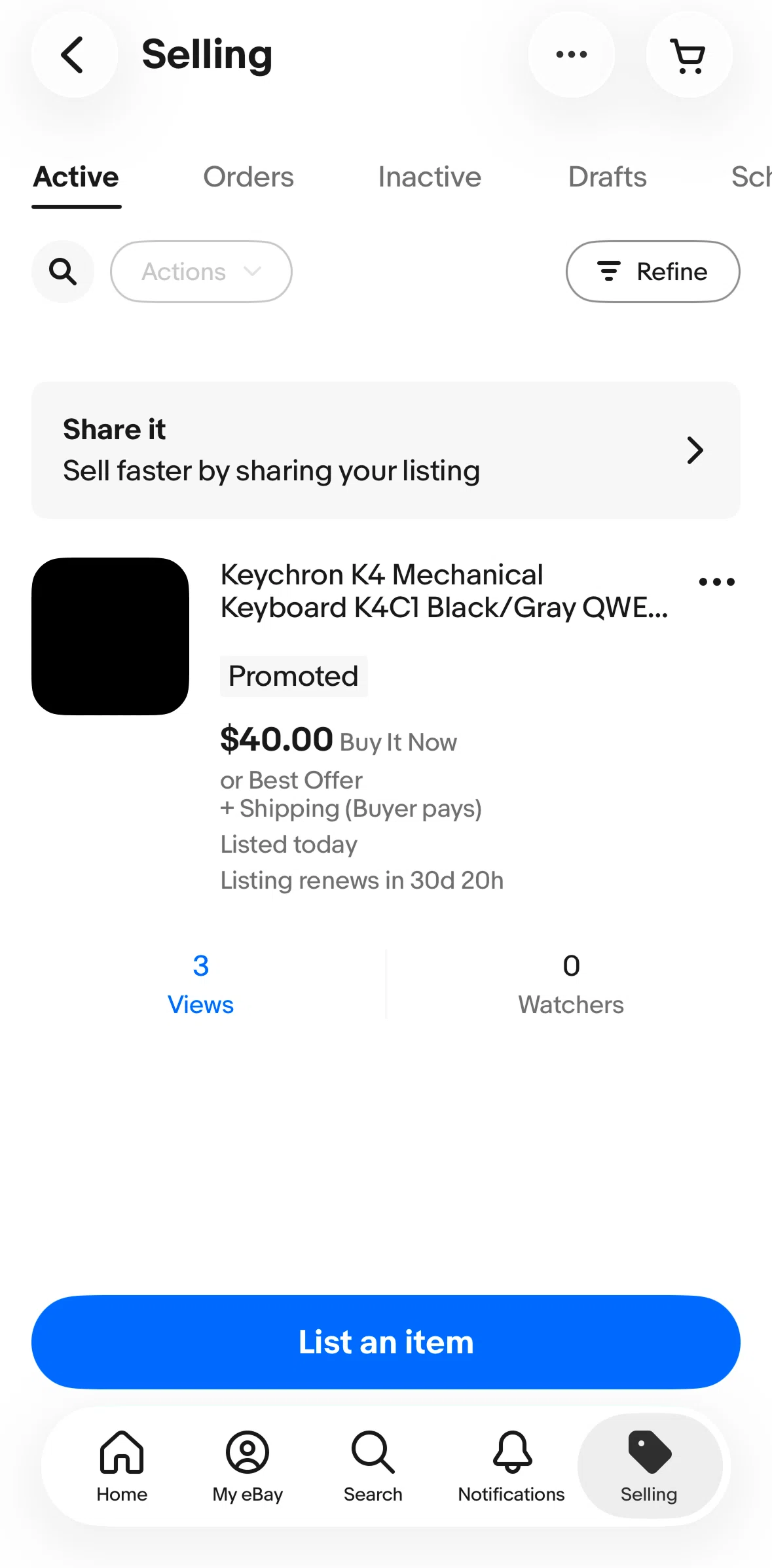 Ebay Screen screen in the Ending a listing flow
