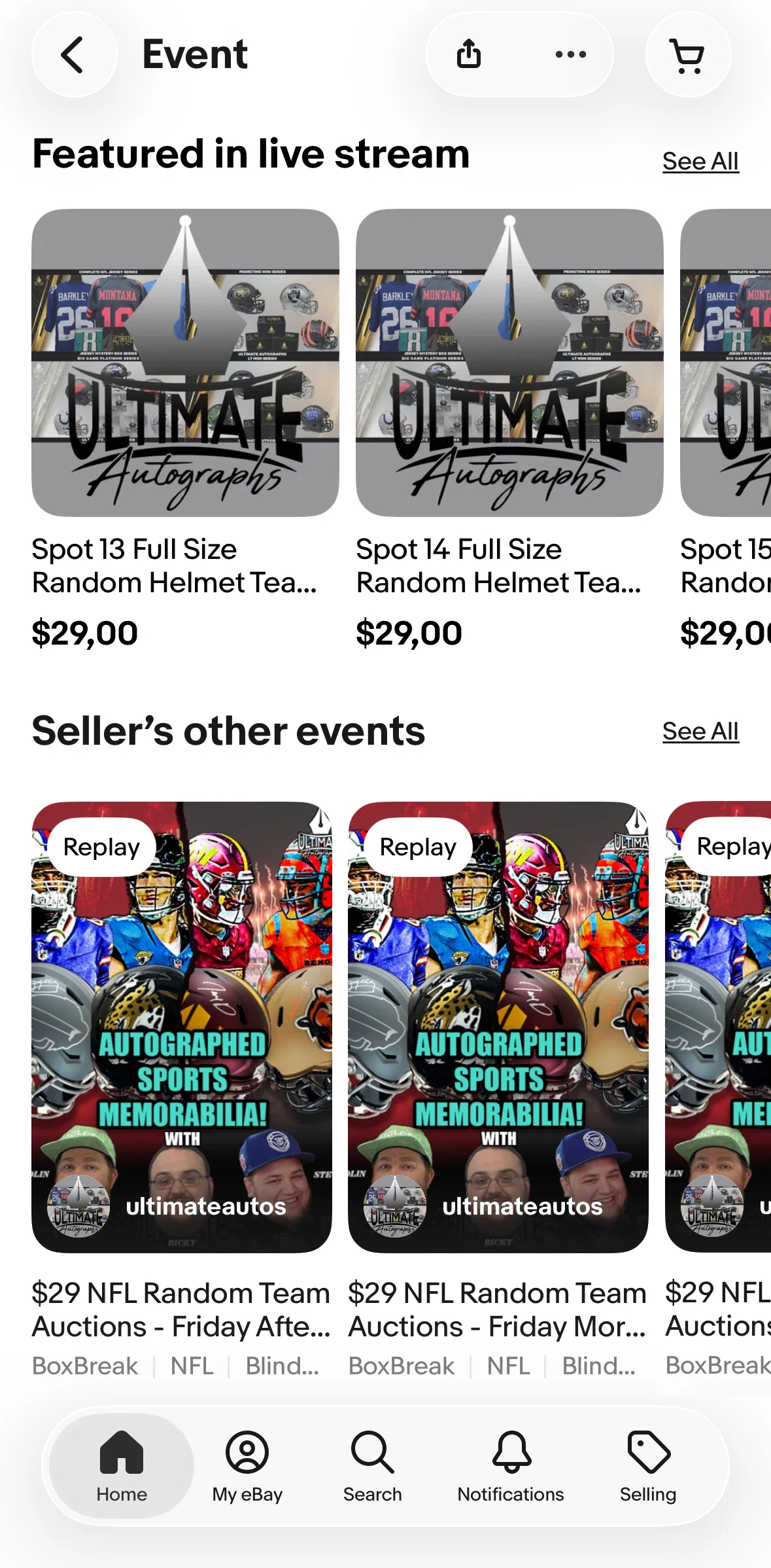 Ebay Screen screen in the Featured in live stream flow