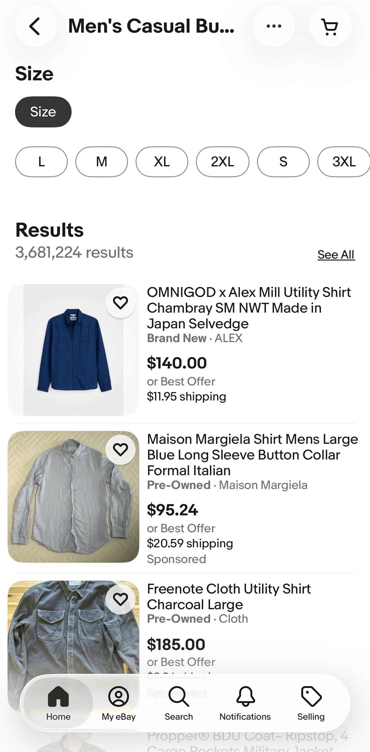 Ebay Screen screen in the Filtering by a shirt size flow
