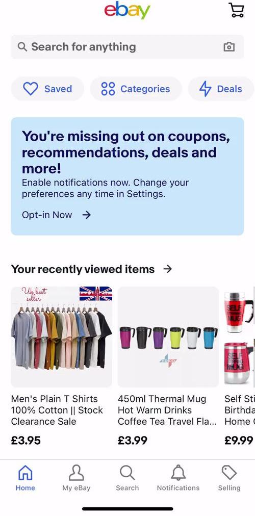 Ebay Home screen in the General Browsing flow