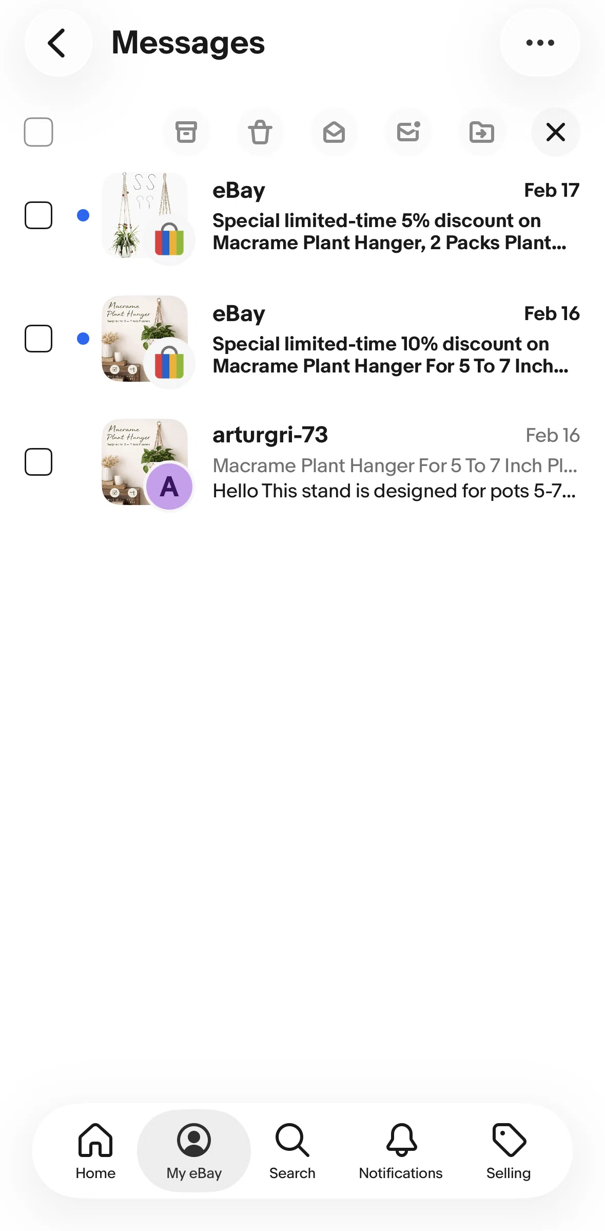 Ebay Screen screen in the Marking messages to read flow