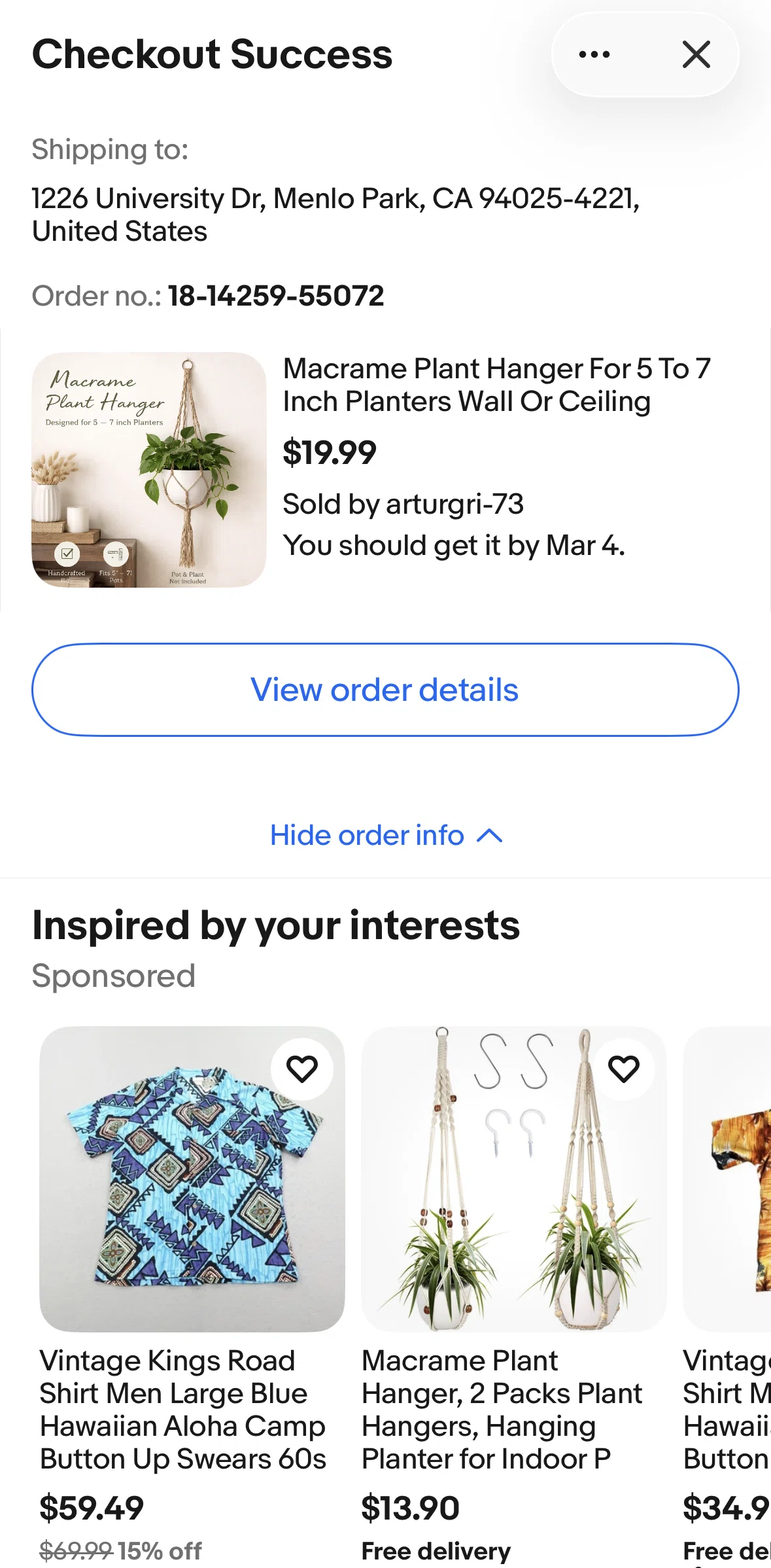 Ebay Screen screen in the Order detail flow
