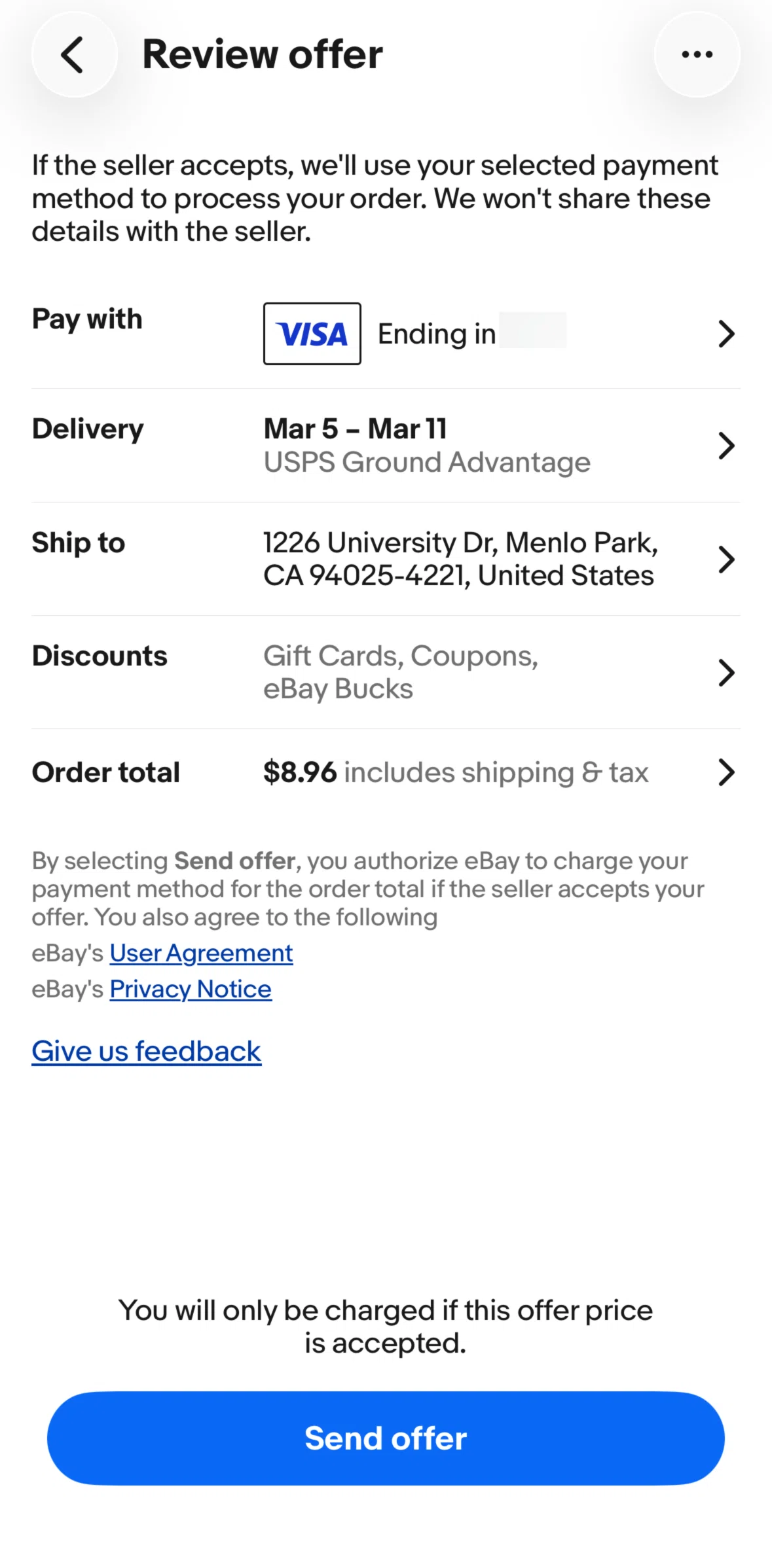 Ebay Screen screen in the Order total flow