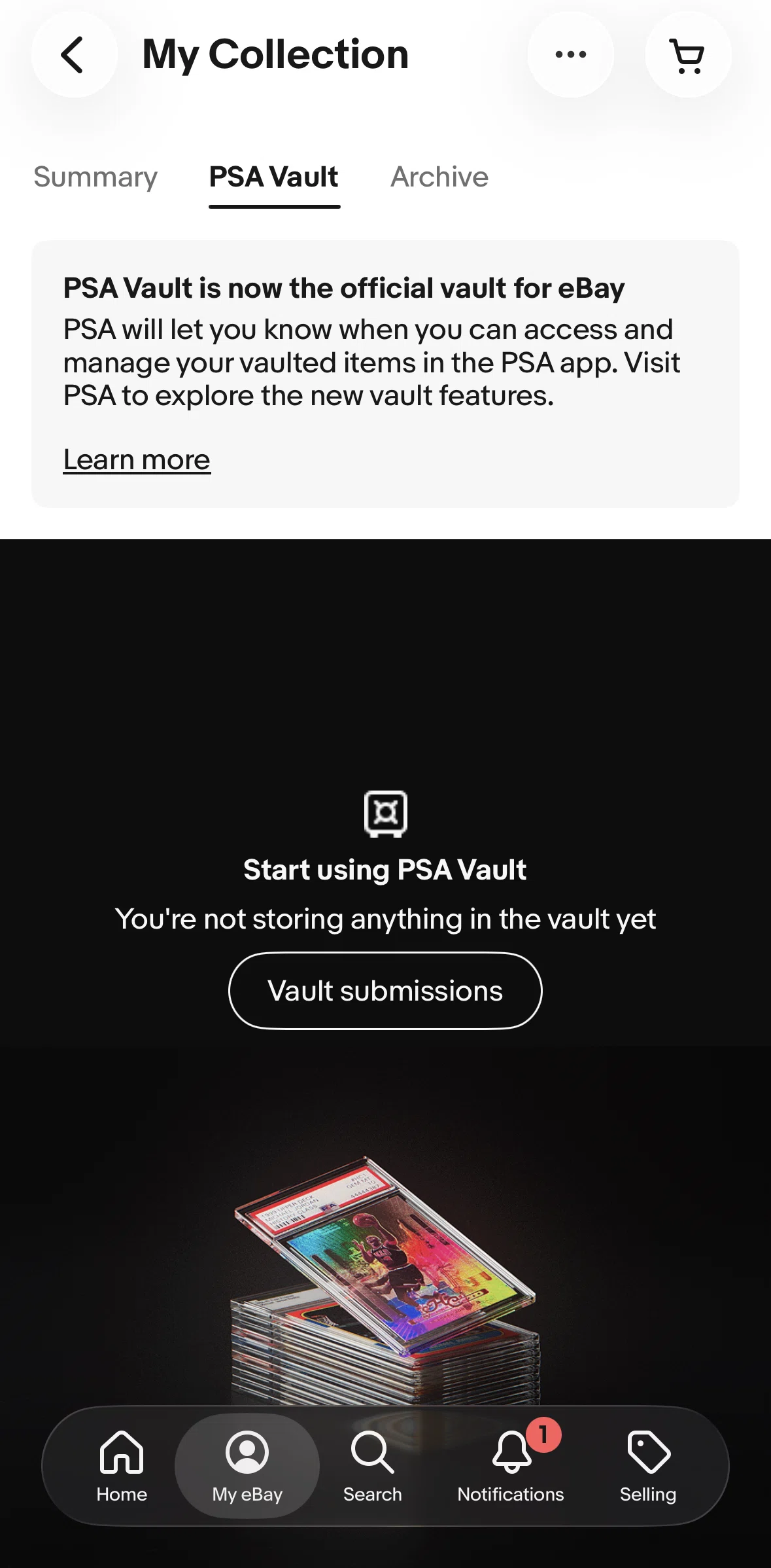 Ebay Screen screen in the PSA Vault flow