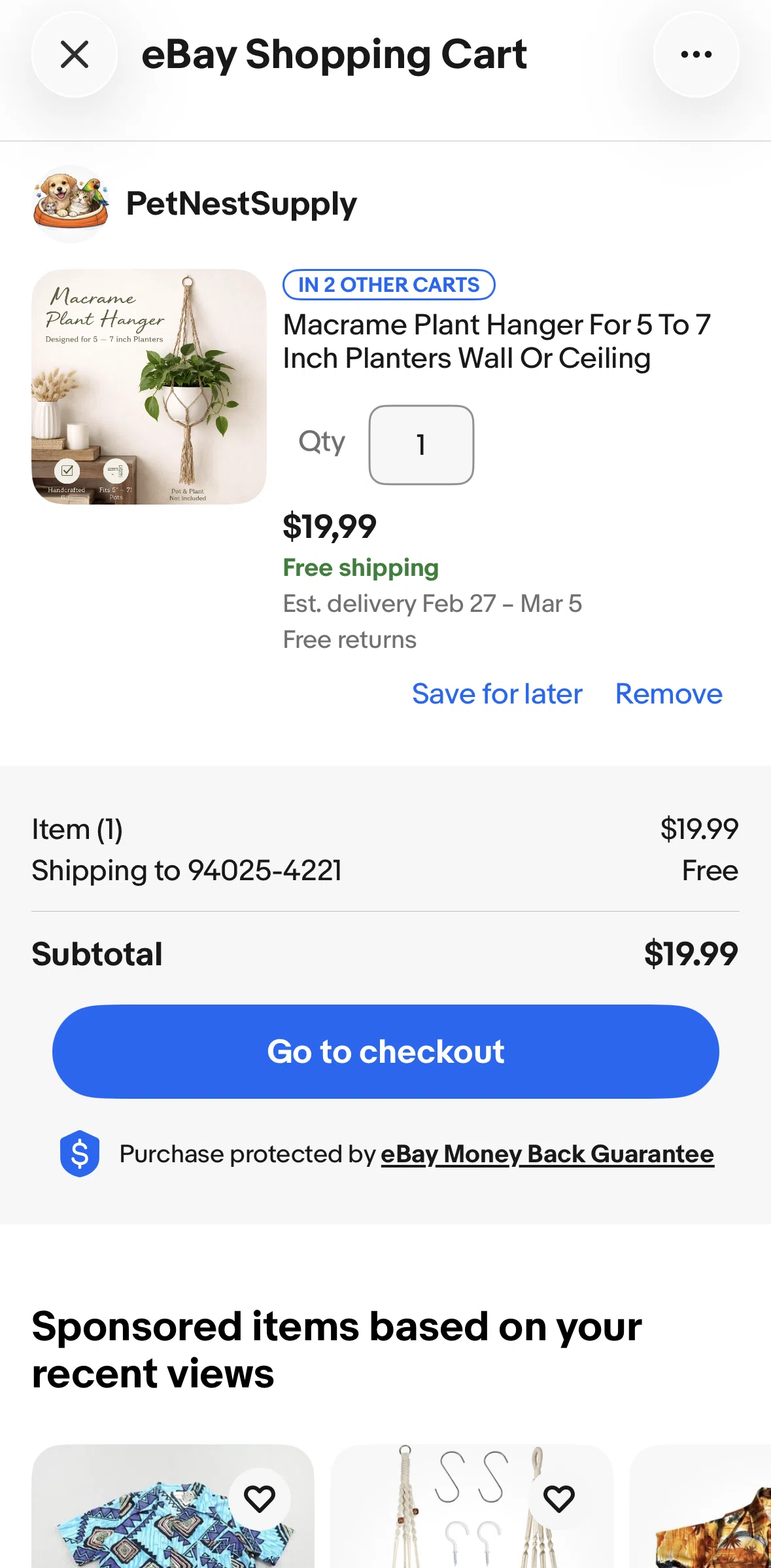 Ebay Screen screen in the Purchasing a product flow