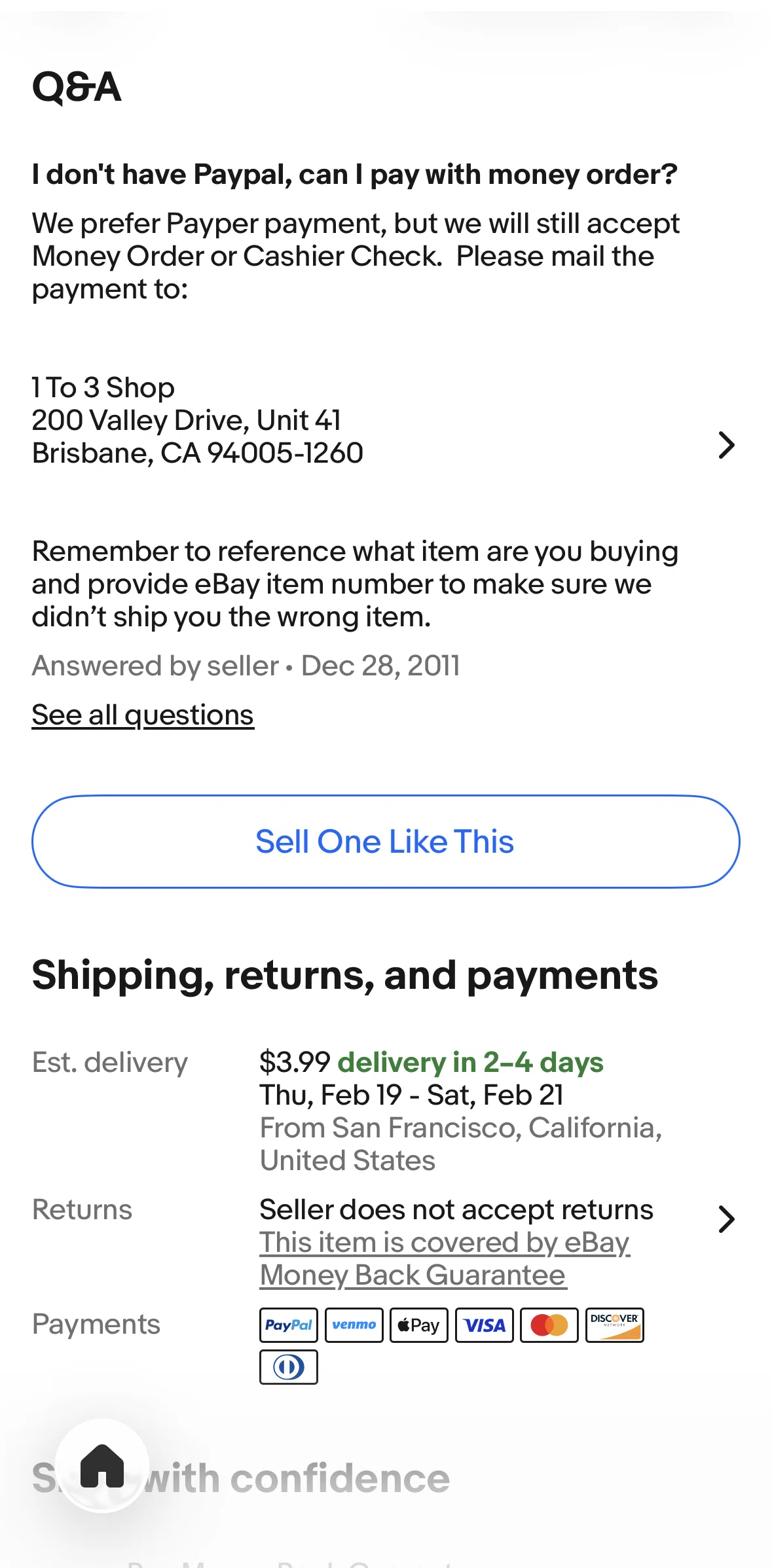 Ebay Screen screen in the Q&A flow