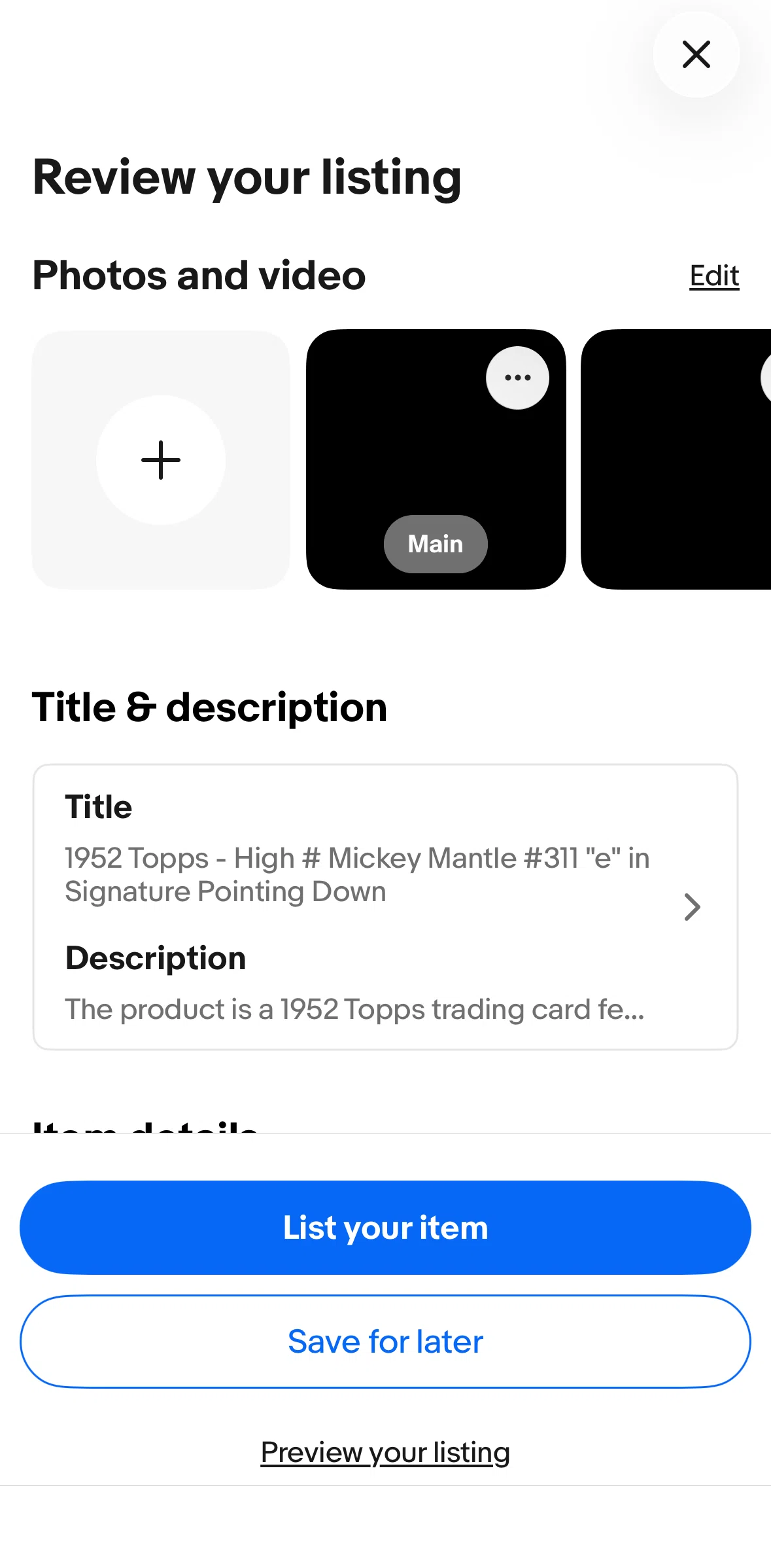 Ebay Screen screen in the Saving a listing to a draft flow