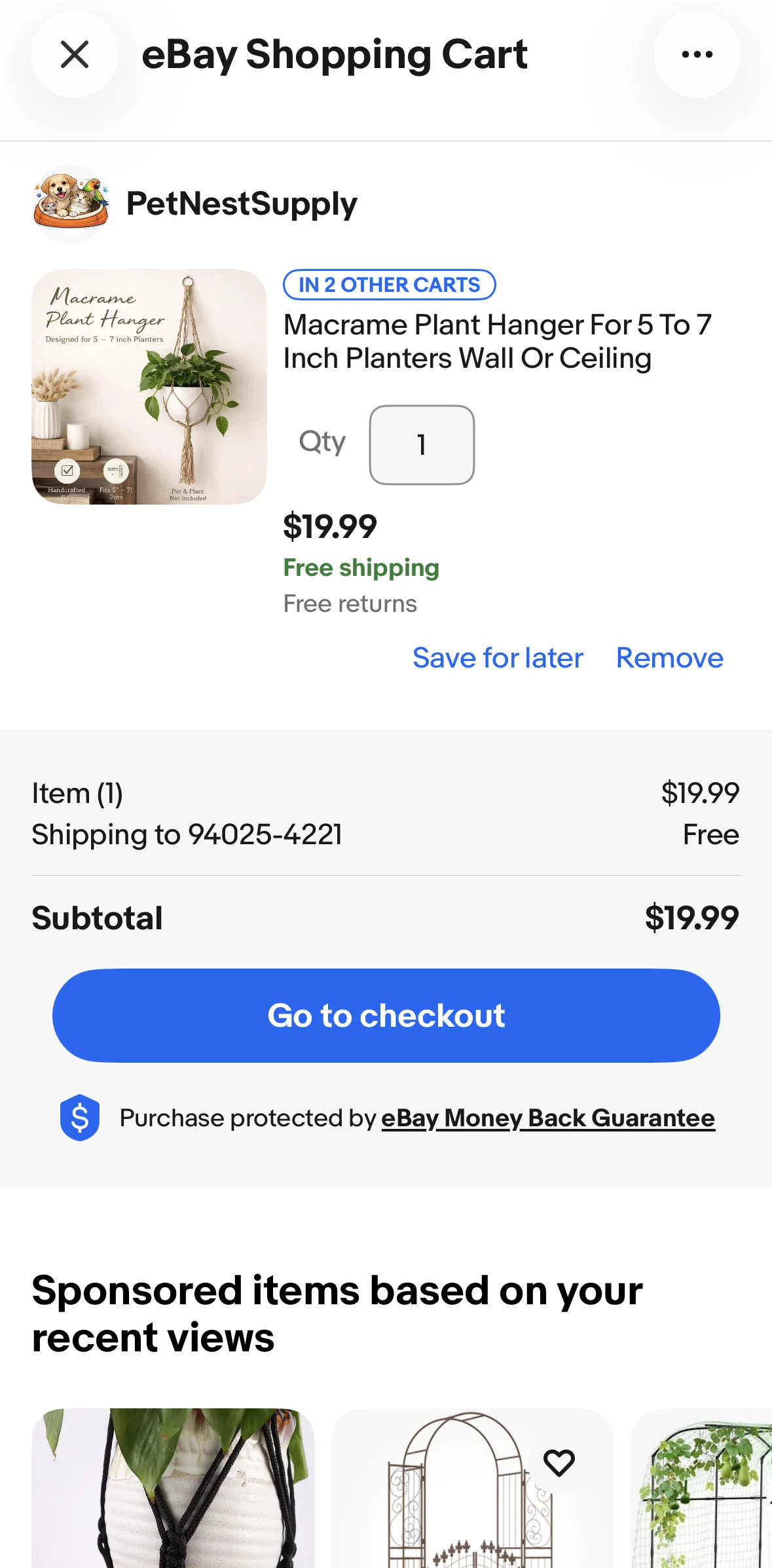 Ebay Screen screen in the Saving for later flow