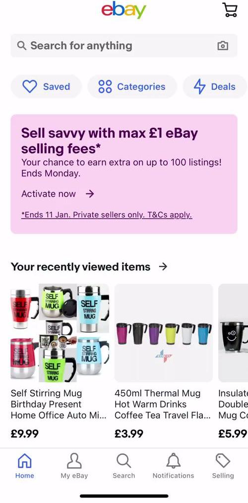 Ebay Home screen in the Saving flow