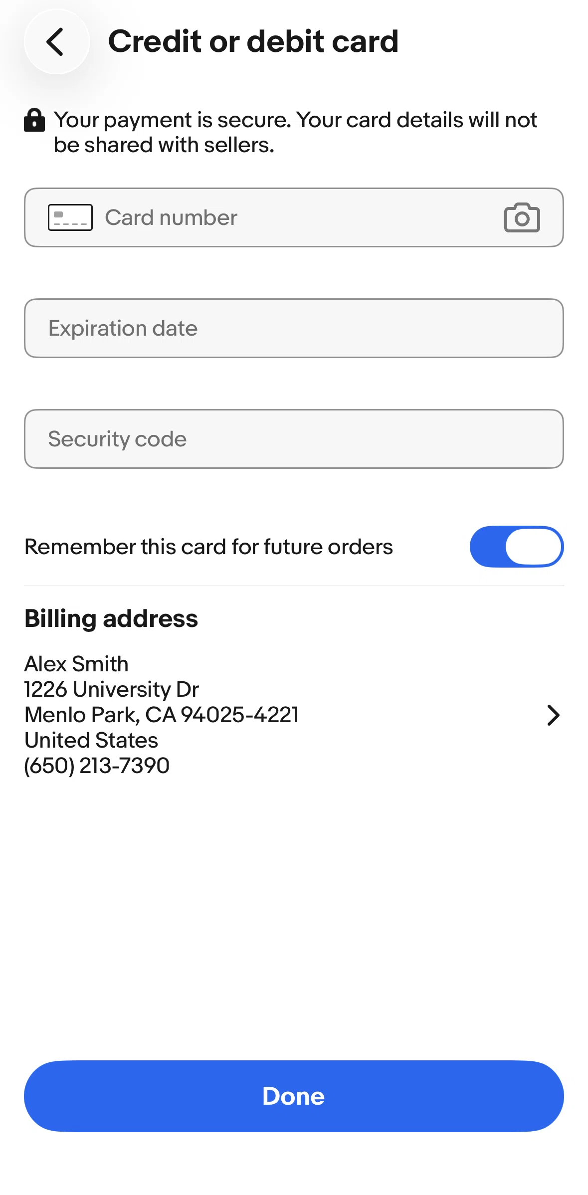 Ebay Screen screen in the Scanning a card flow