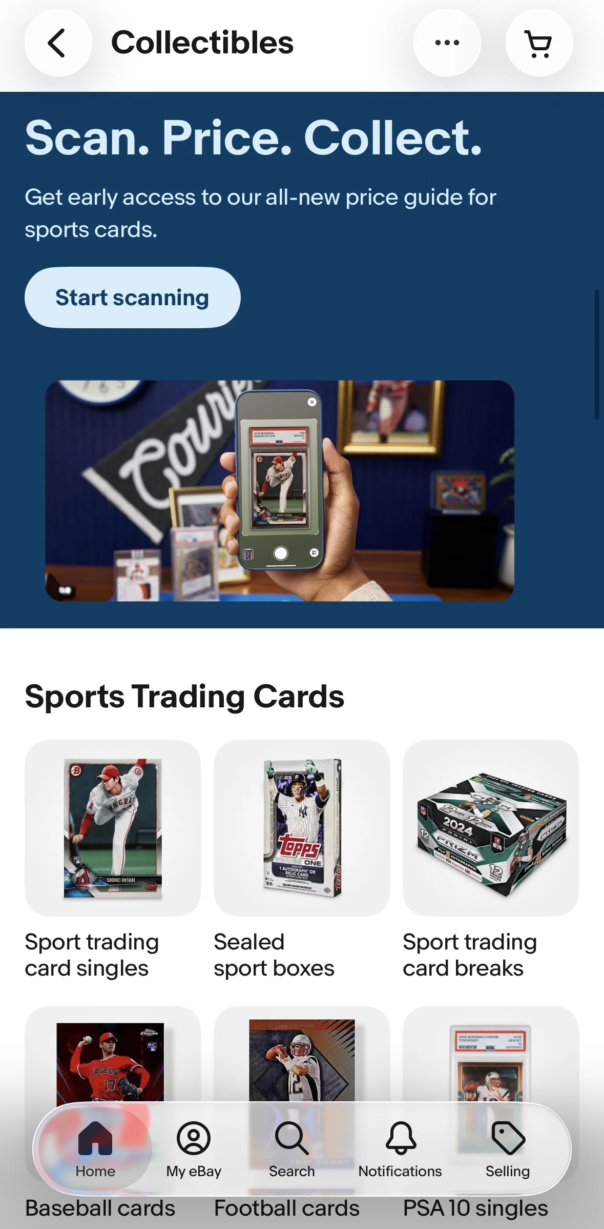 Ebay Screen screen in the Scanning a sport trading card flow