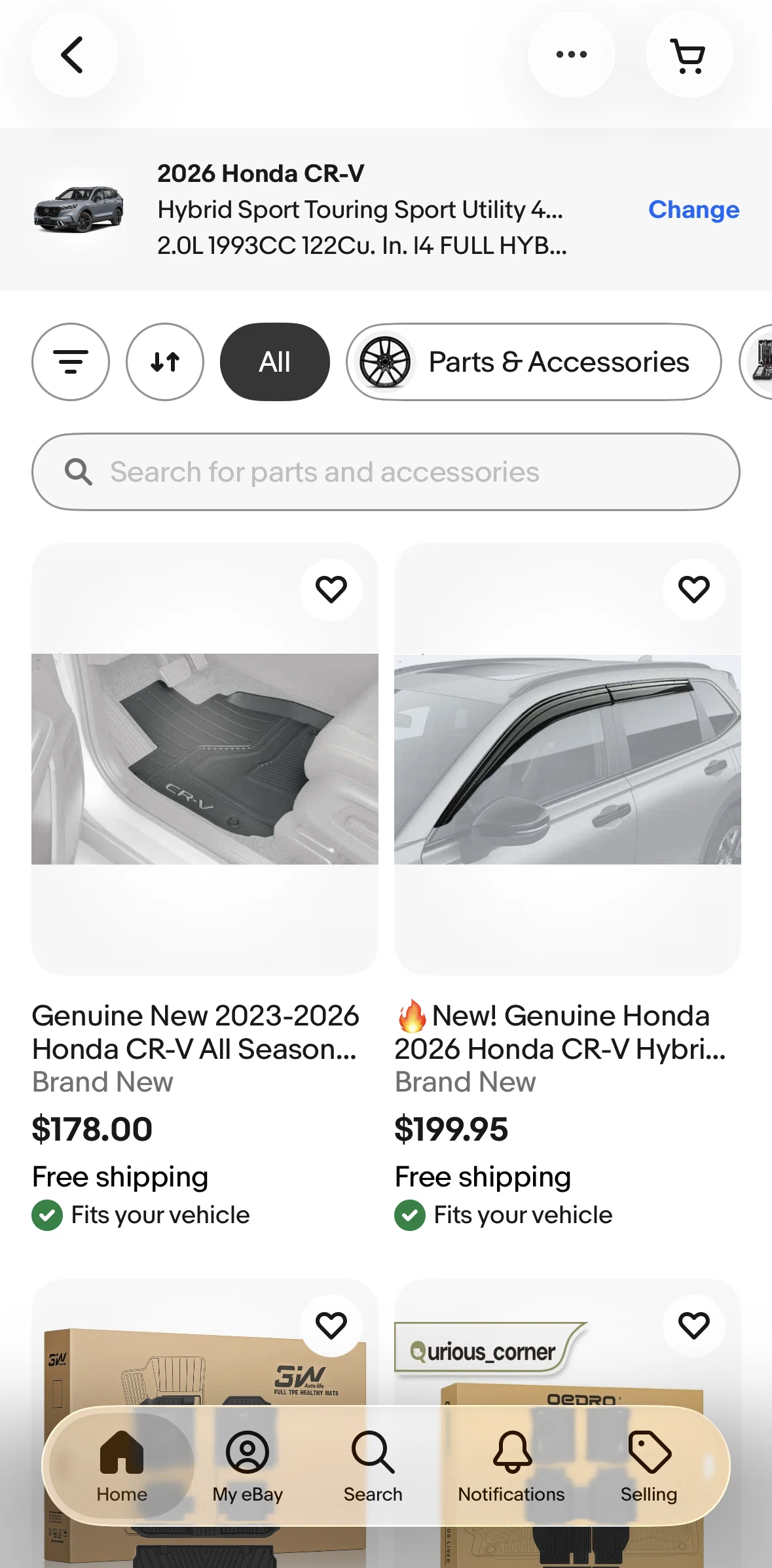 Ebay Screen screen in the Searching for parts and accessories flow