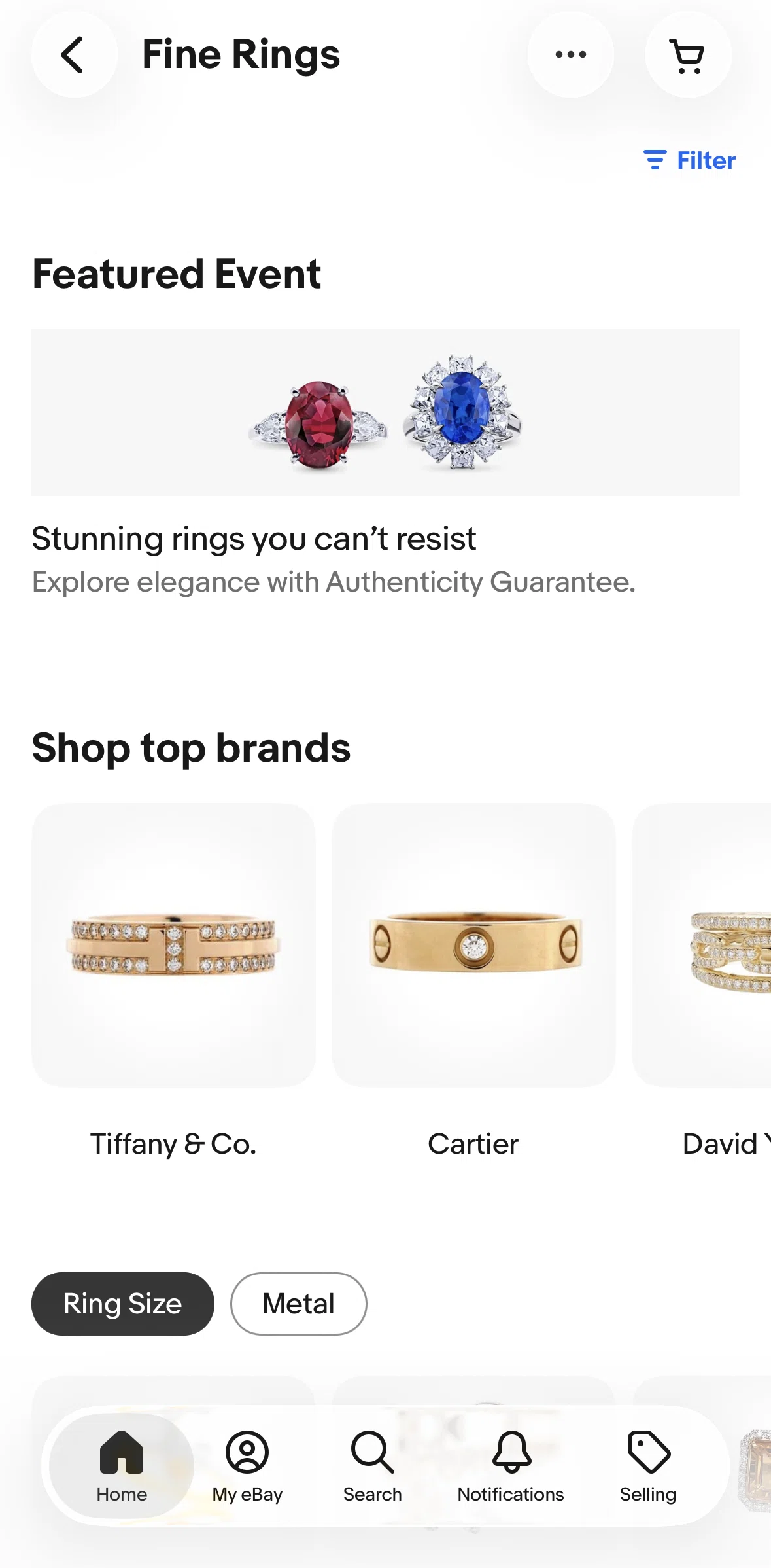 Ebay Screen screen in the Searching rings by authenticity guarantee flow