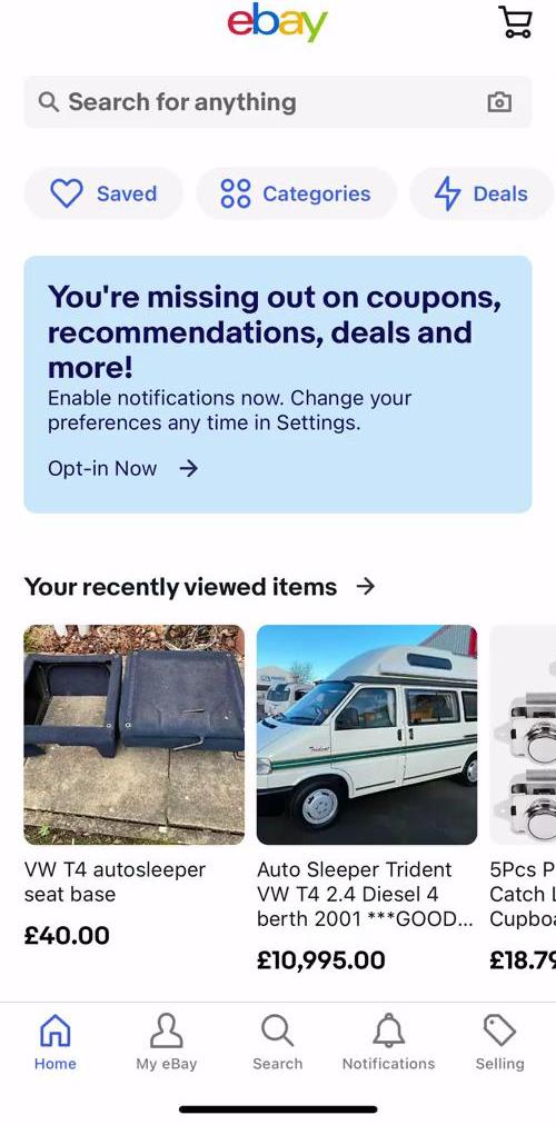Ebay Home screen in the Searching flow