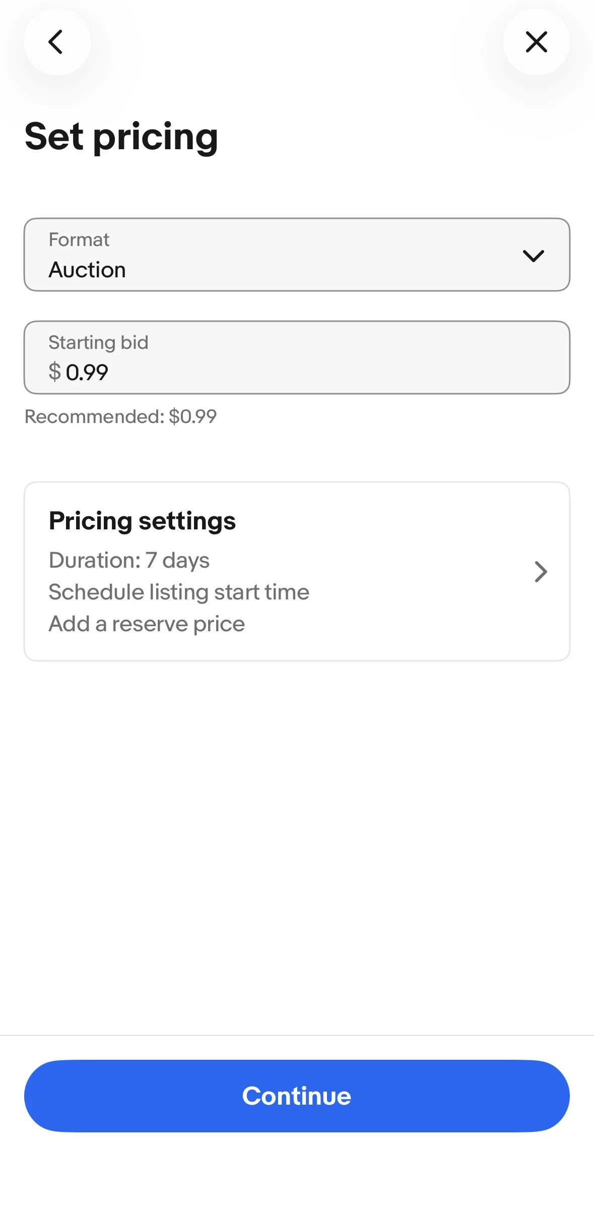 Ebay Screen screen in the Selecting a pricing format flow