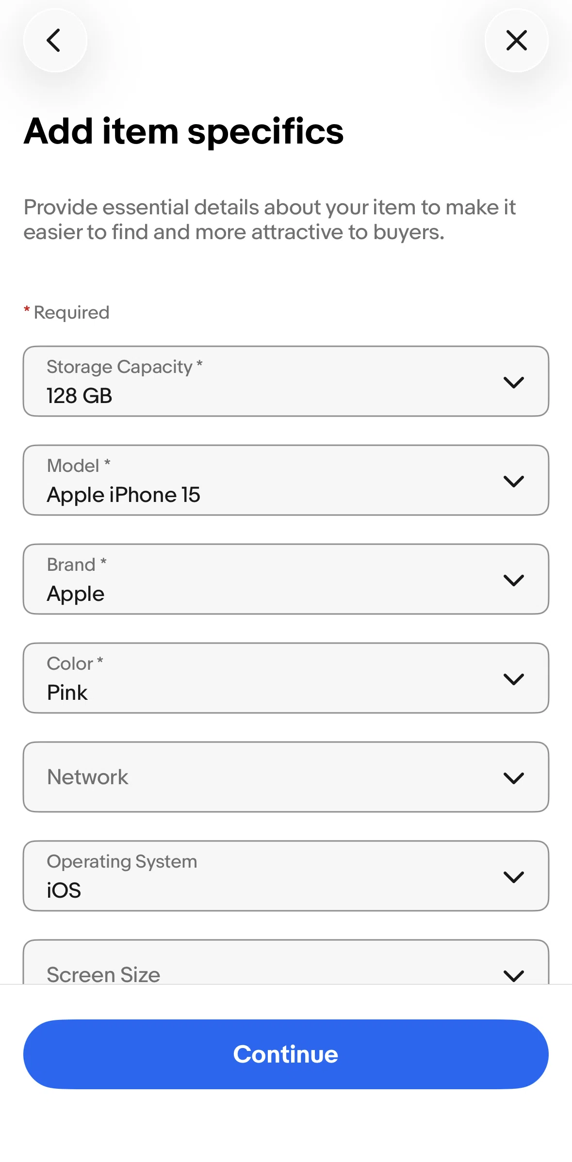 Ebay Screen screen in the Selecting a product color flow