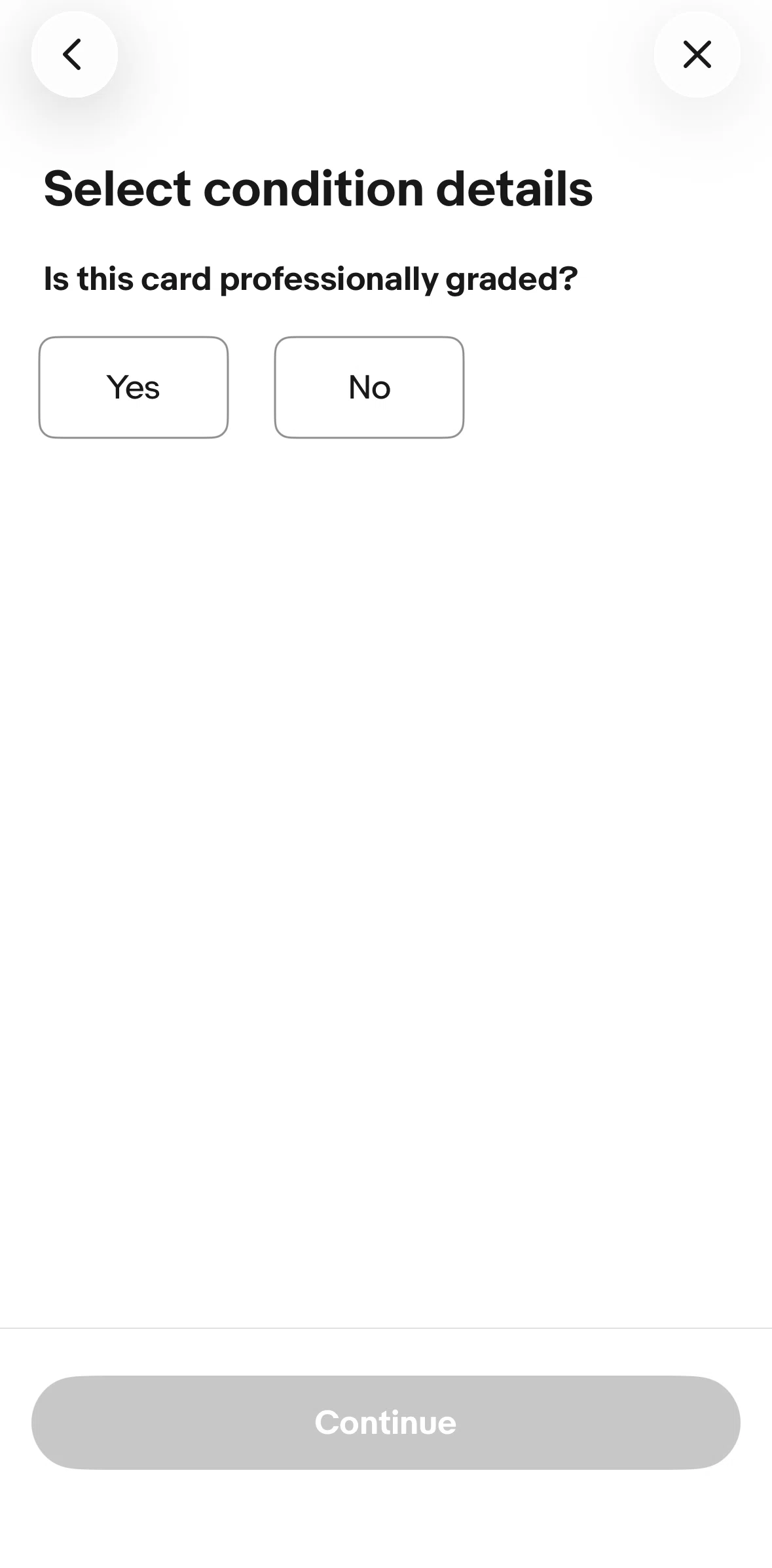 Ebay Screen screen in the Selecting an ungraded trading card condition flow