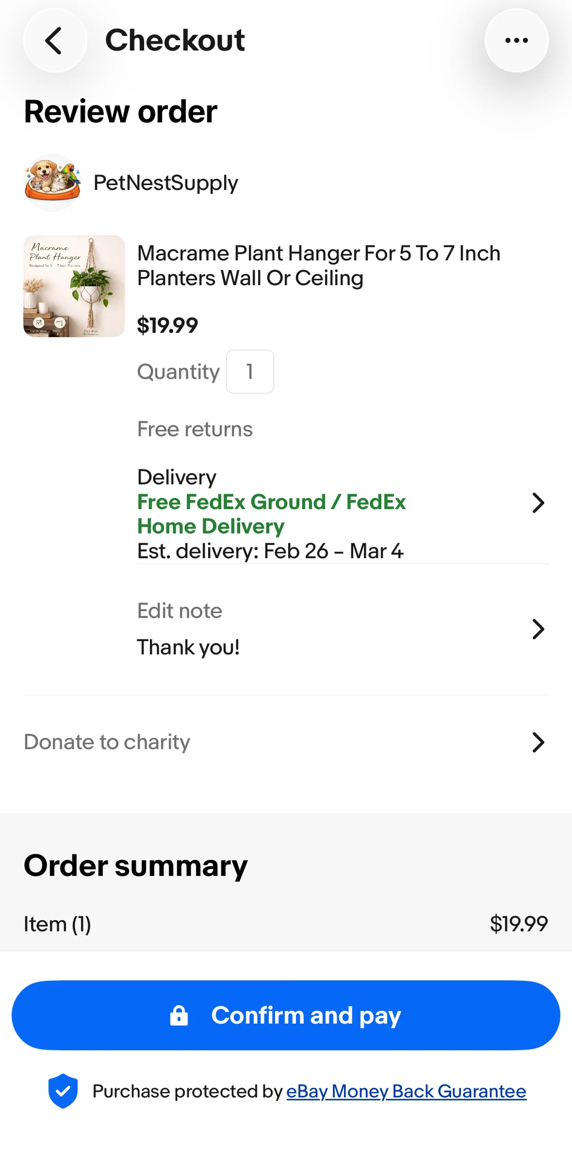 Ebay Screen screen in the Selecting donation amount flow