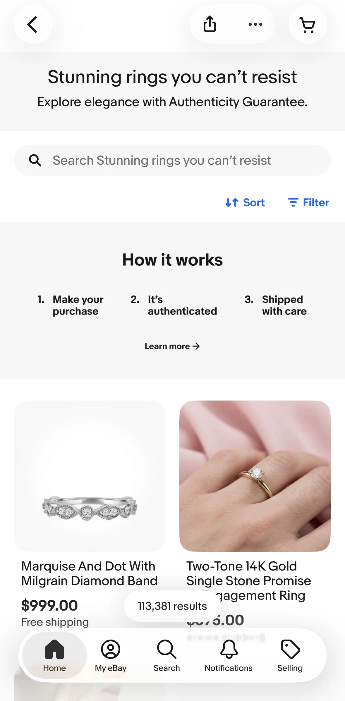 Ebay Screen screen in the Sorting rings flow