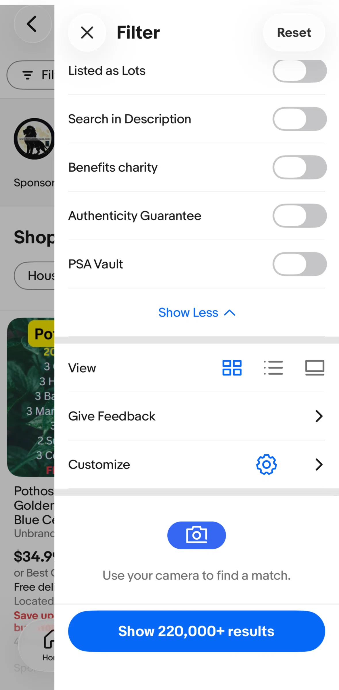 Ebay Screen screen in the Switching to card view flow