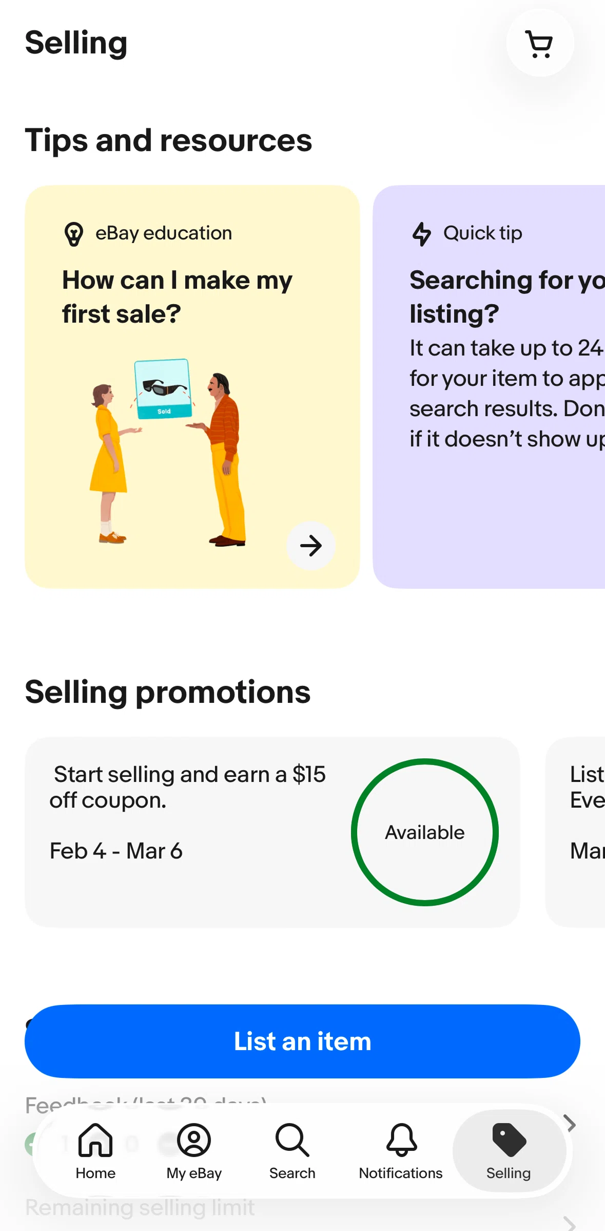 Ebay Screen screen in the Tips and resources flow