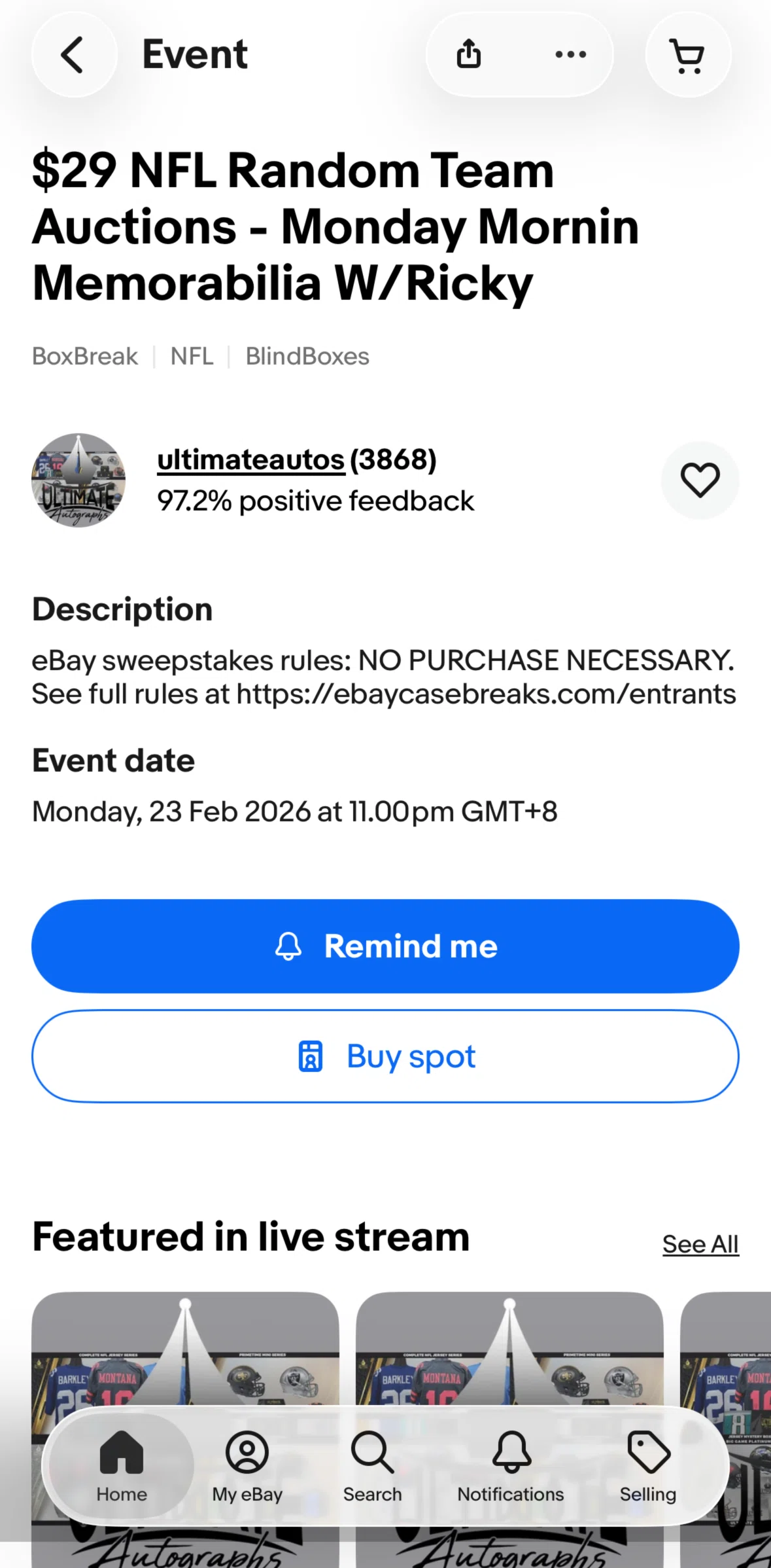 Ebay Screen screen in the Turning on a reminder flow