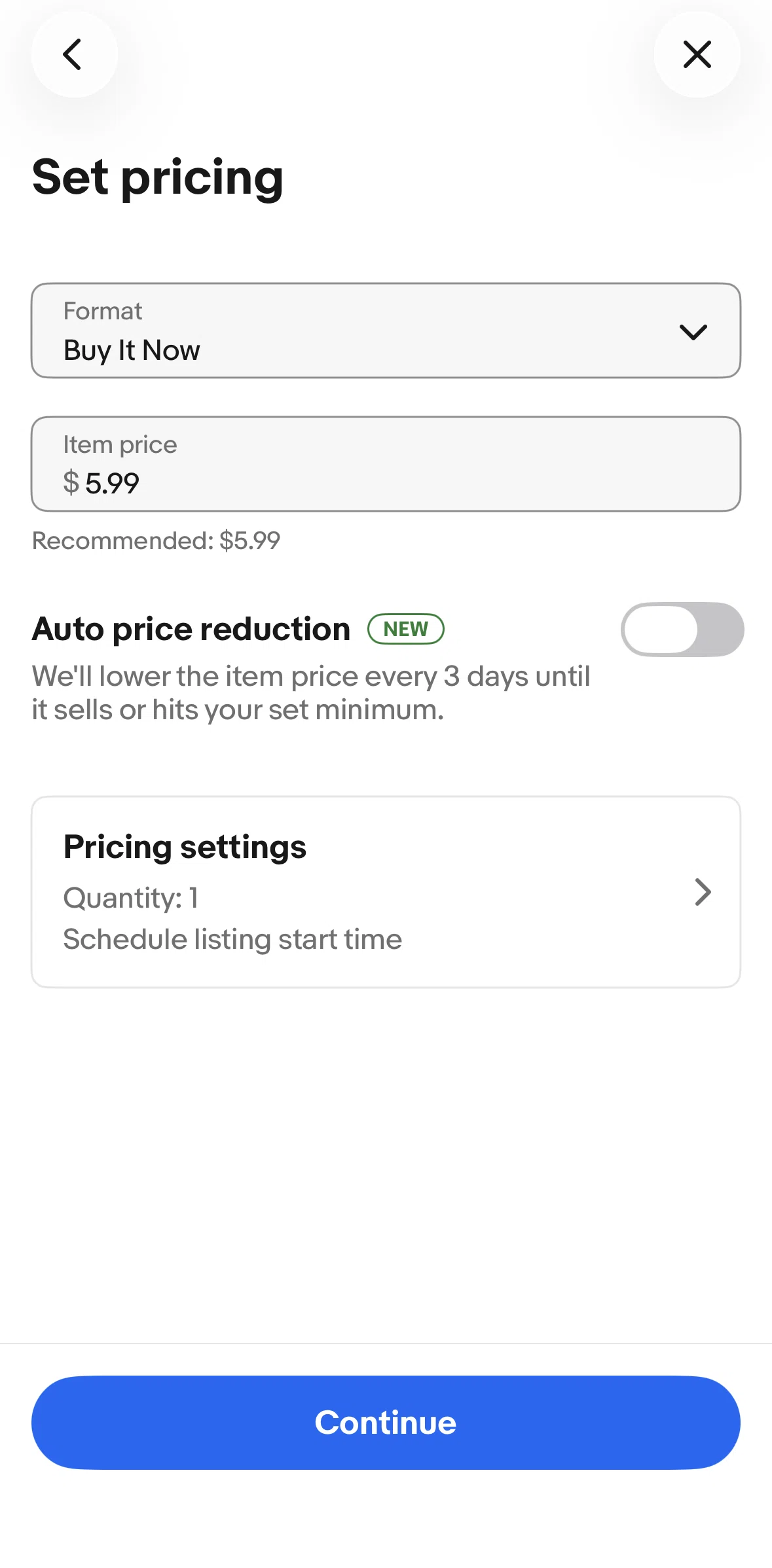 Ebay Screen screen in the Turning on auto price reduction flow