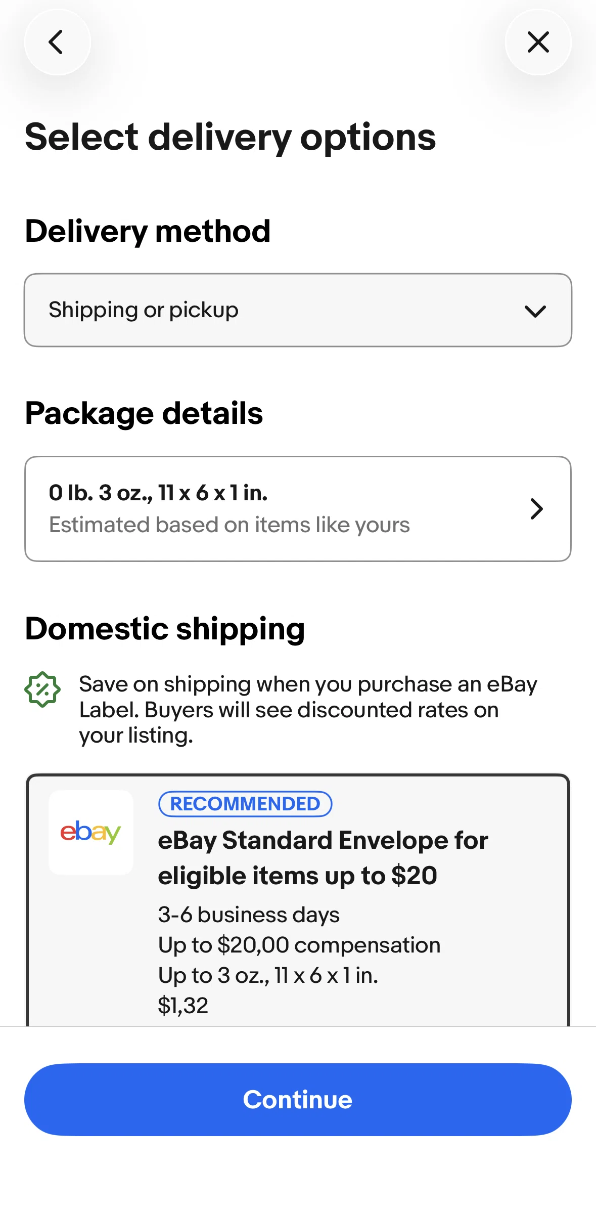 Ebay Screen screen in the Updating packaging details flow