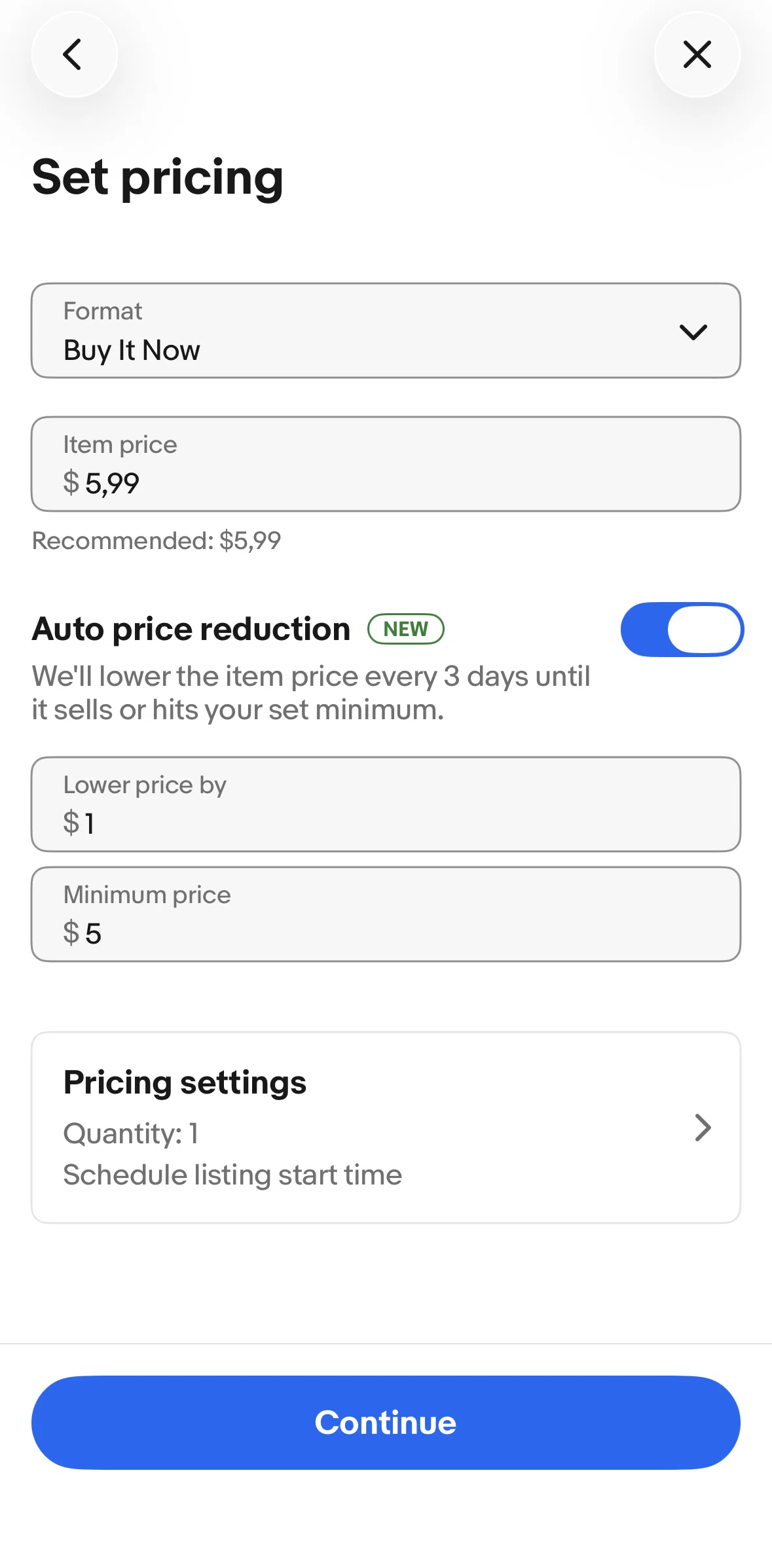 Ebay Screen screen in the Updating pricing settings flow
